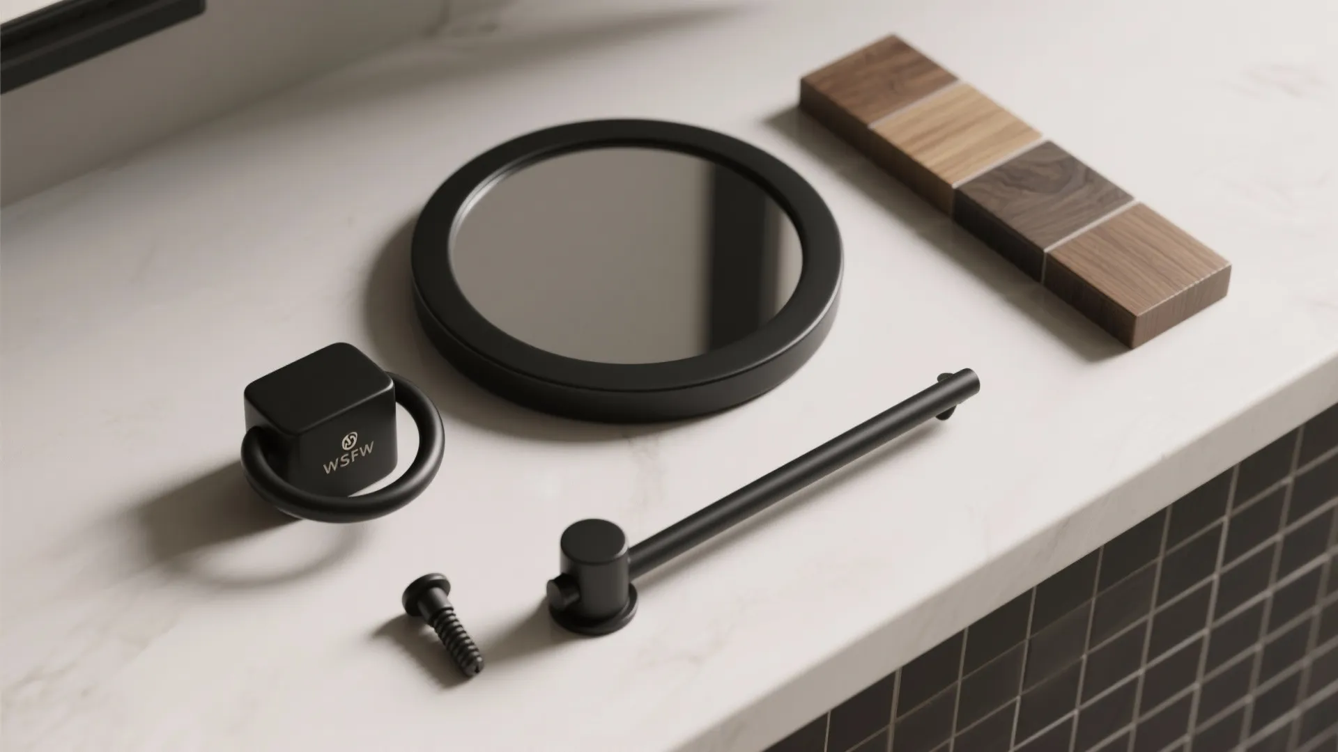 4. Accent hardware: mirrors, towel rings, and toilet paper holders