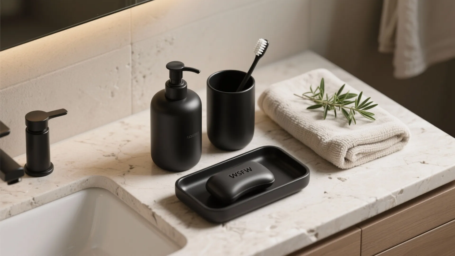 Modern bathroom counter with black soap dish toothbrush holder bottle and folded white hand towel