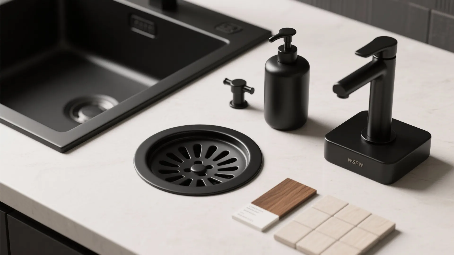 3. Integrated black accessories for cohesive small-kitchen styling