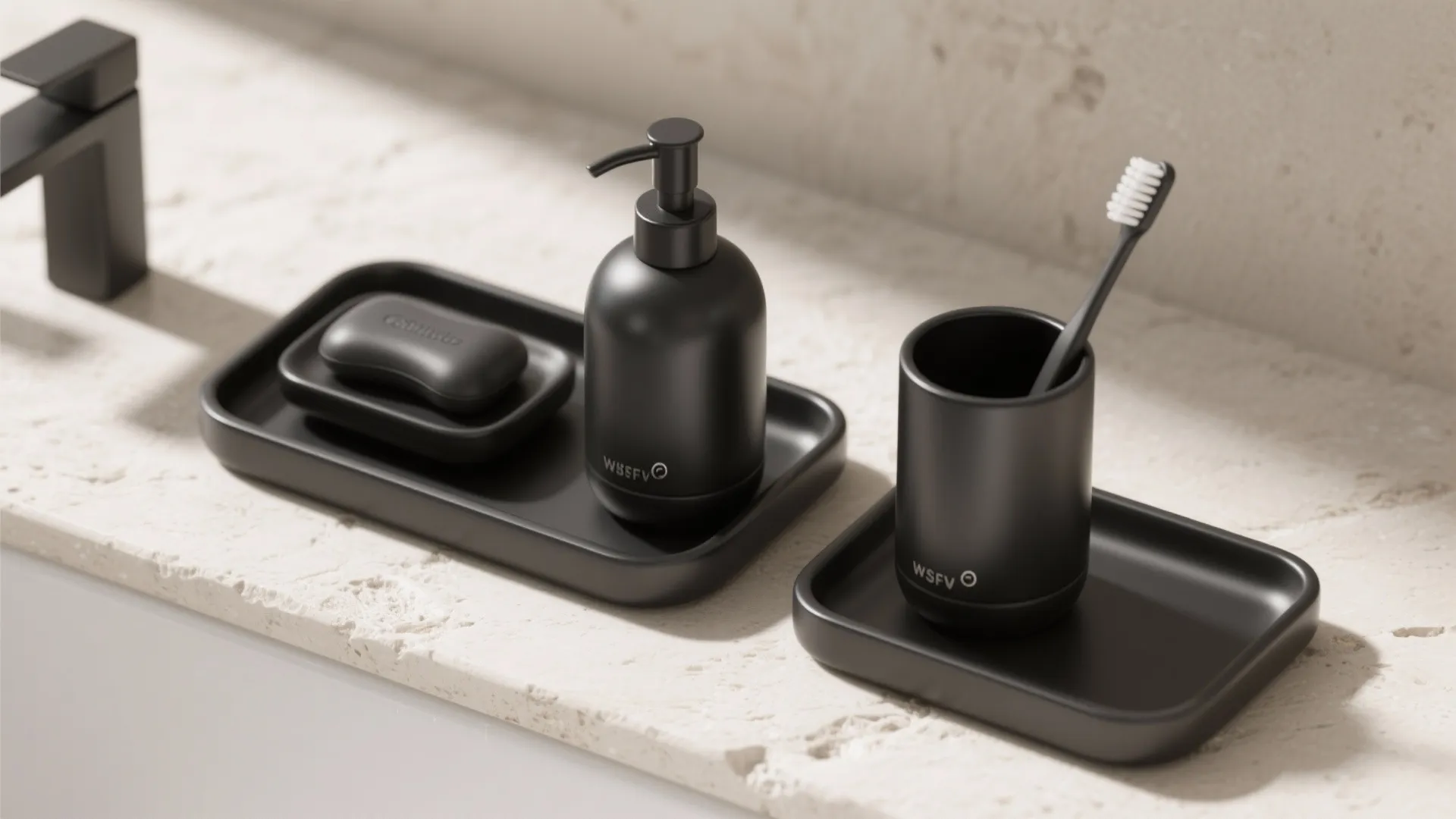 Black bathroom accessory set including soap dispenser toothbrush holder and soap tray on stone counter