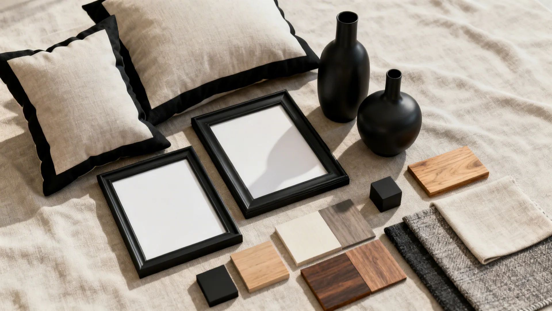 Flatlay of matte black frames, vases, and pillows on neutral textiles and wood swatches.