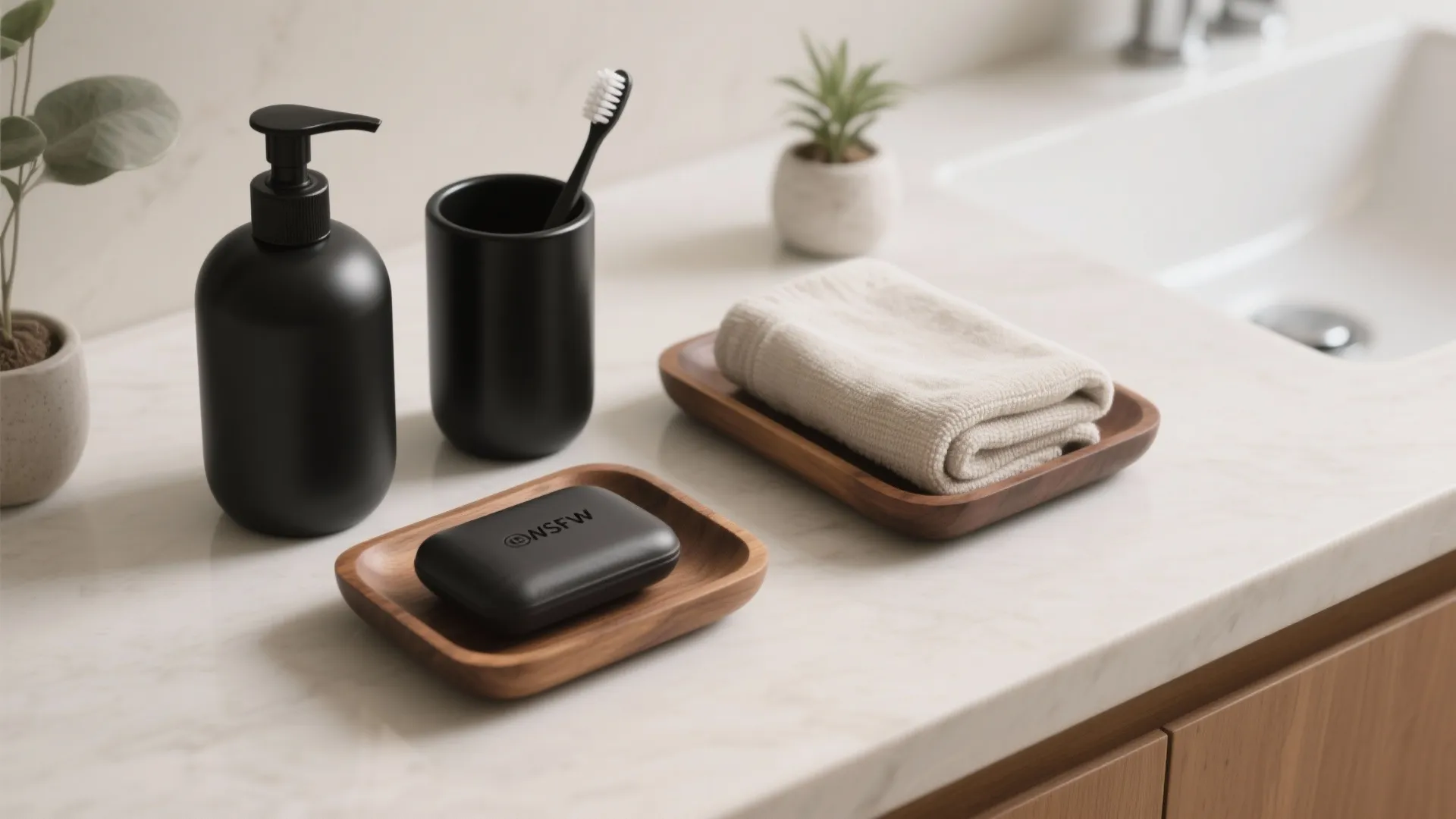 3. Coordinated black accessories and wood trays