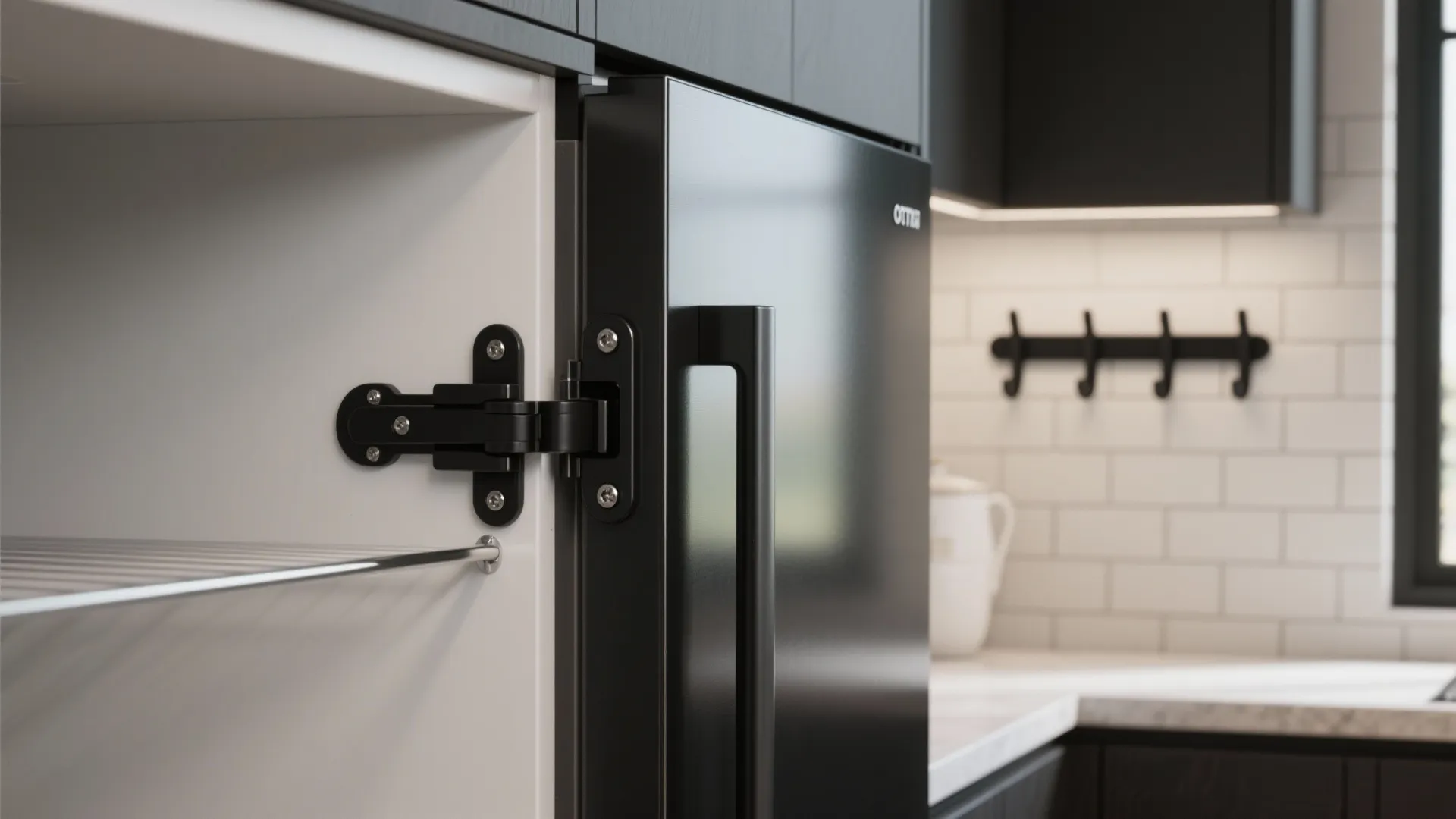 5. Black accessory hardware—hinges, pulls, and hooks