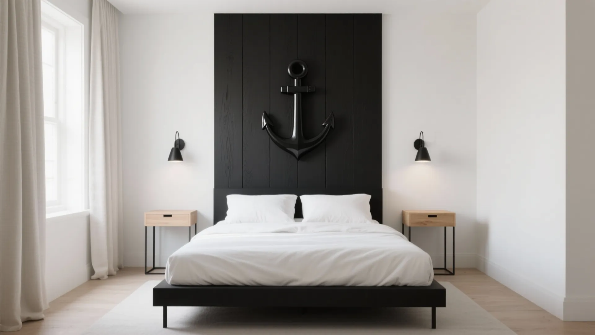 Minimalist bedroom featuring black wall panel with anchor decor wooden side tables and wall lights