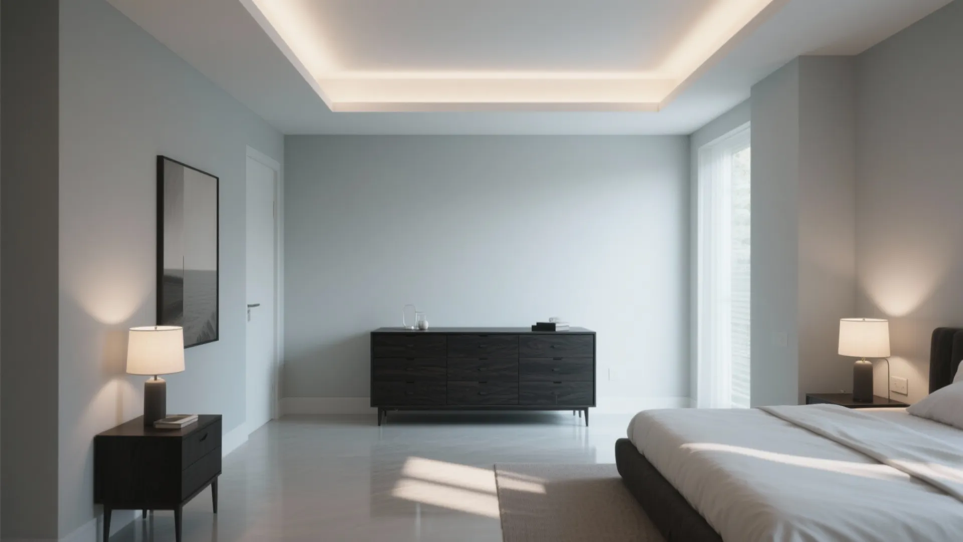 Pale gray bedroom with a black wood dresser anchoring the space, layered lighting brightens the scene.