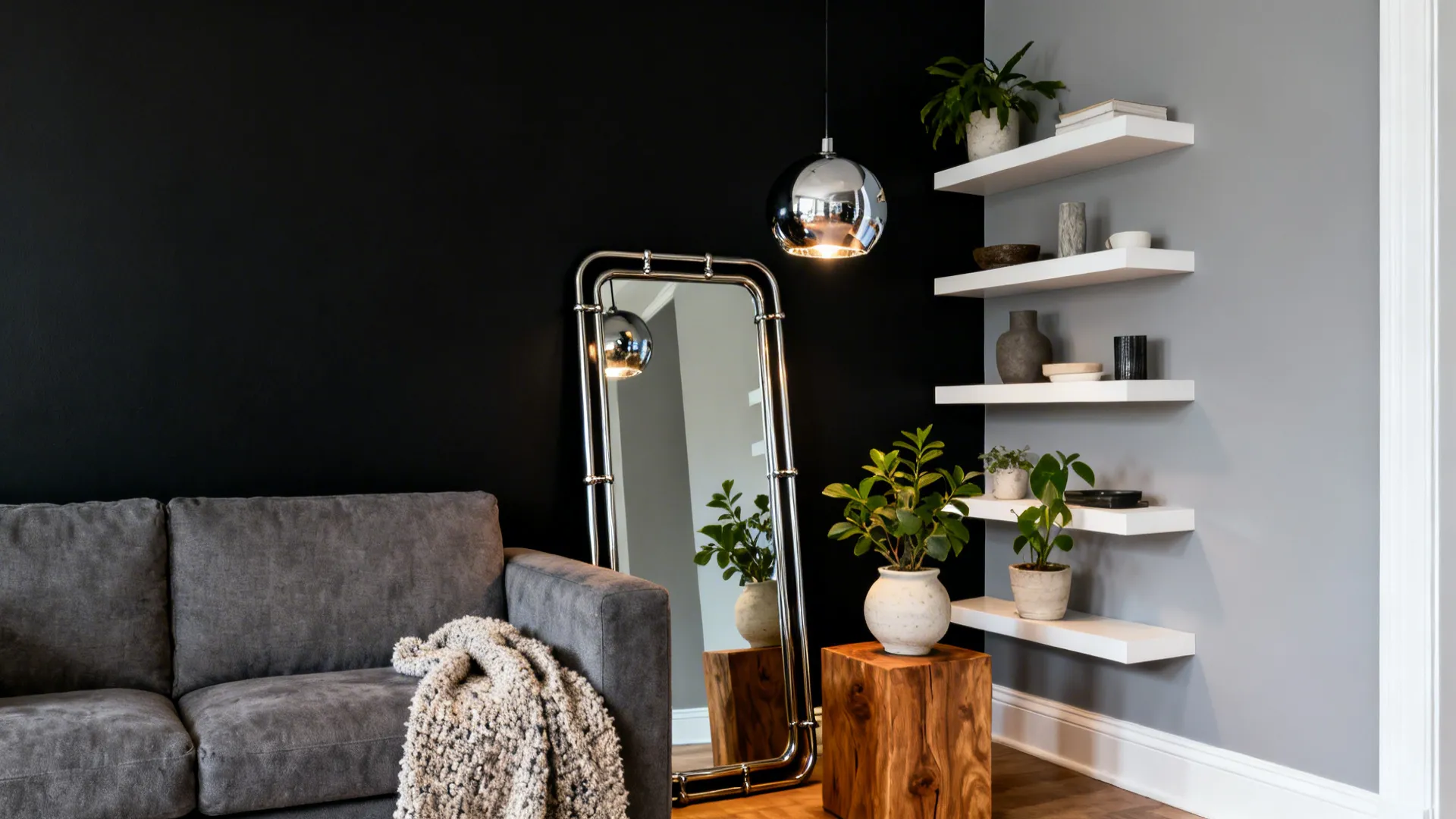 Living room corner with a matte black feature wall, gray sofa, large mirror and white shelving.