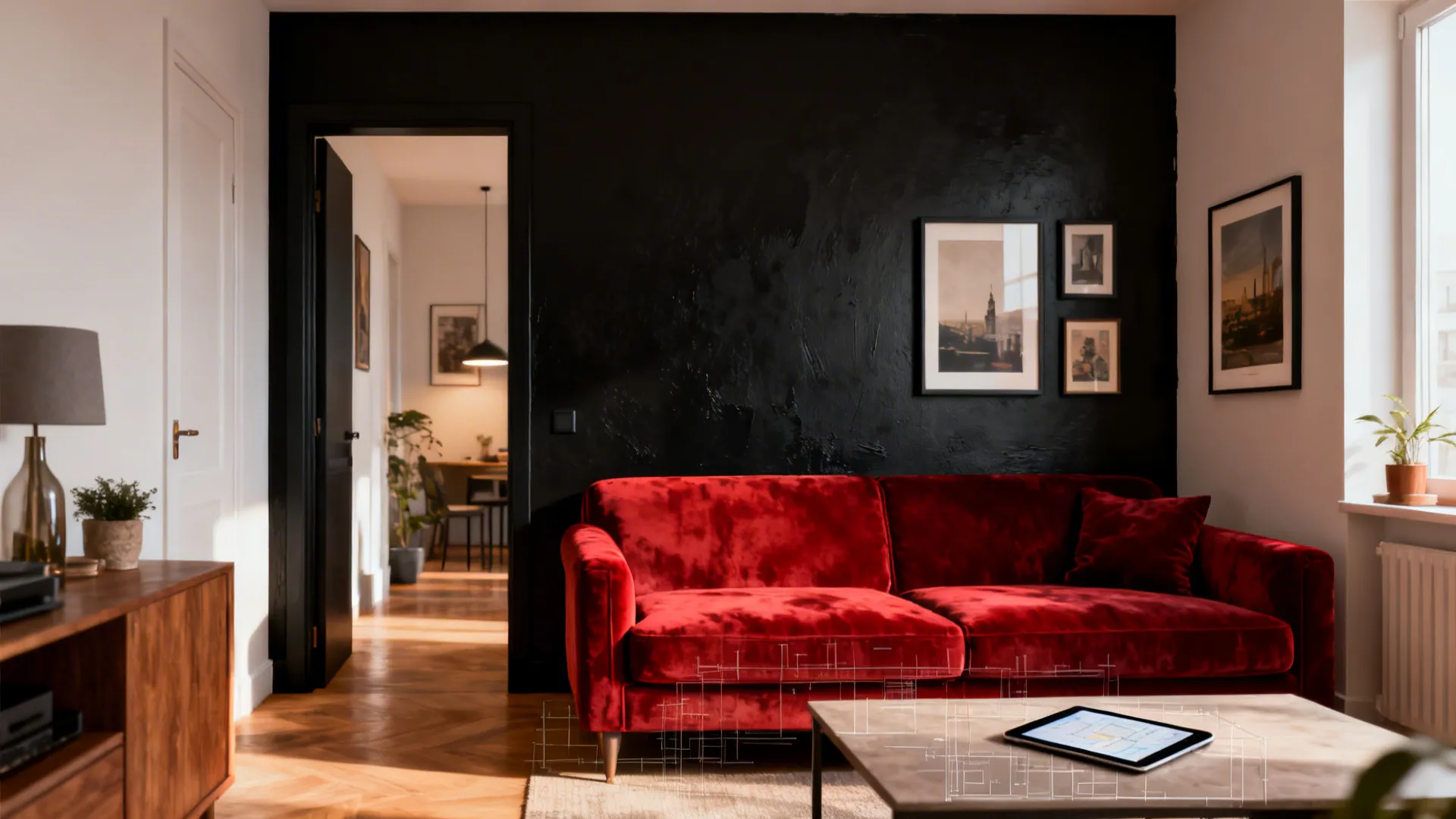Red velvet sofa in living room with black wall wooden floor and a small coffee table