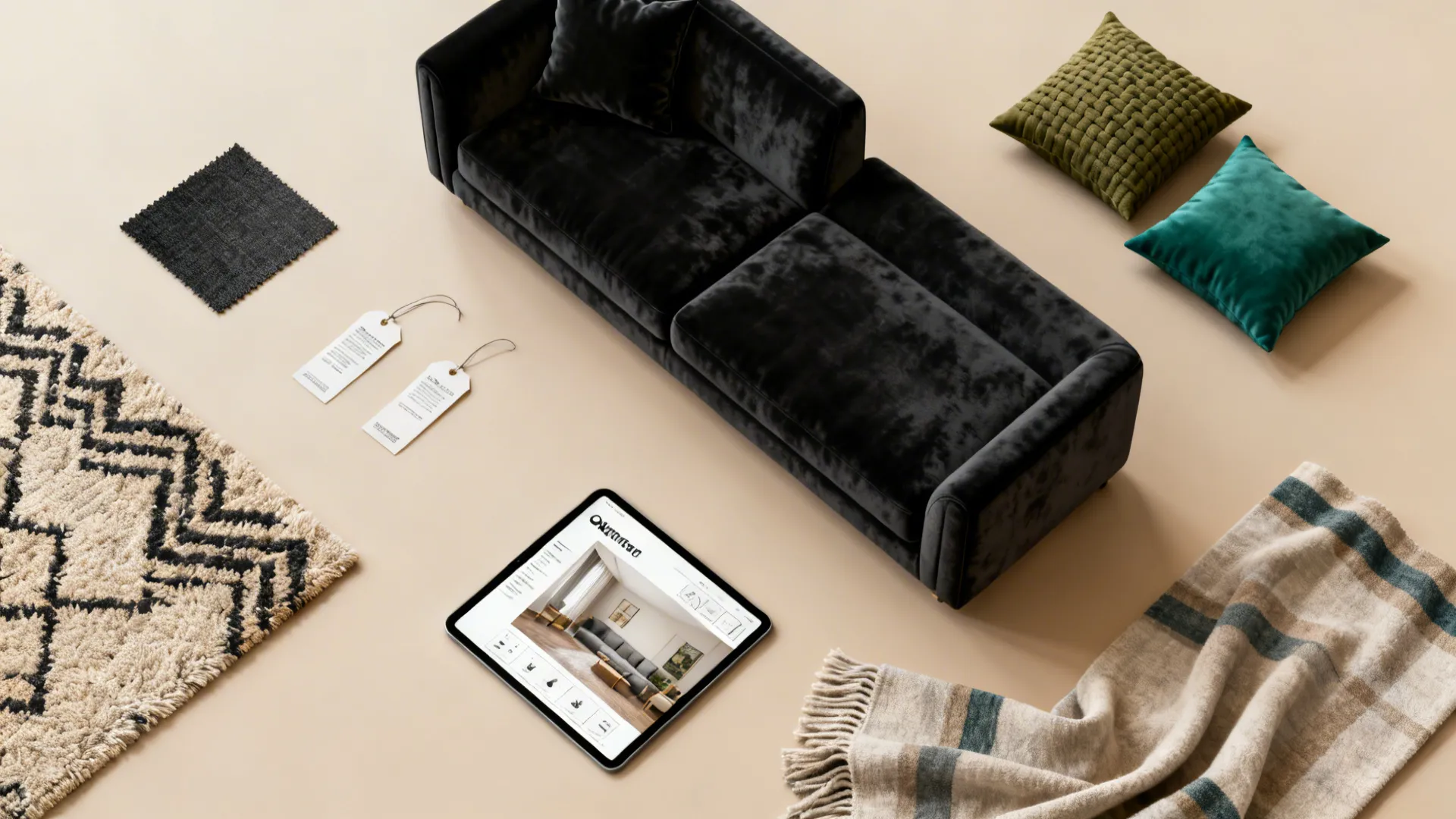 Flatlay of black sofa fabric swatch and green textile samples with a patterned rug fragment.