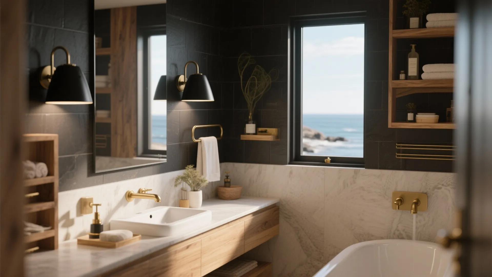 5. Mix matte black with brass accents for layered warmth