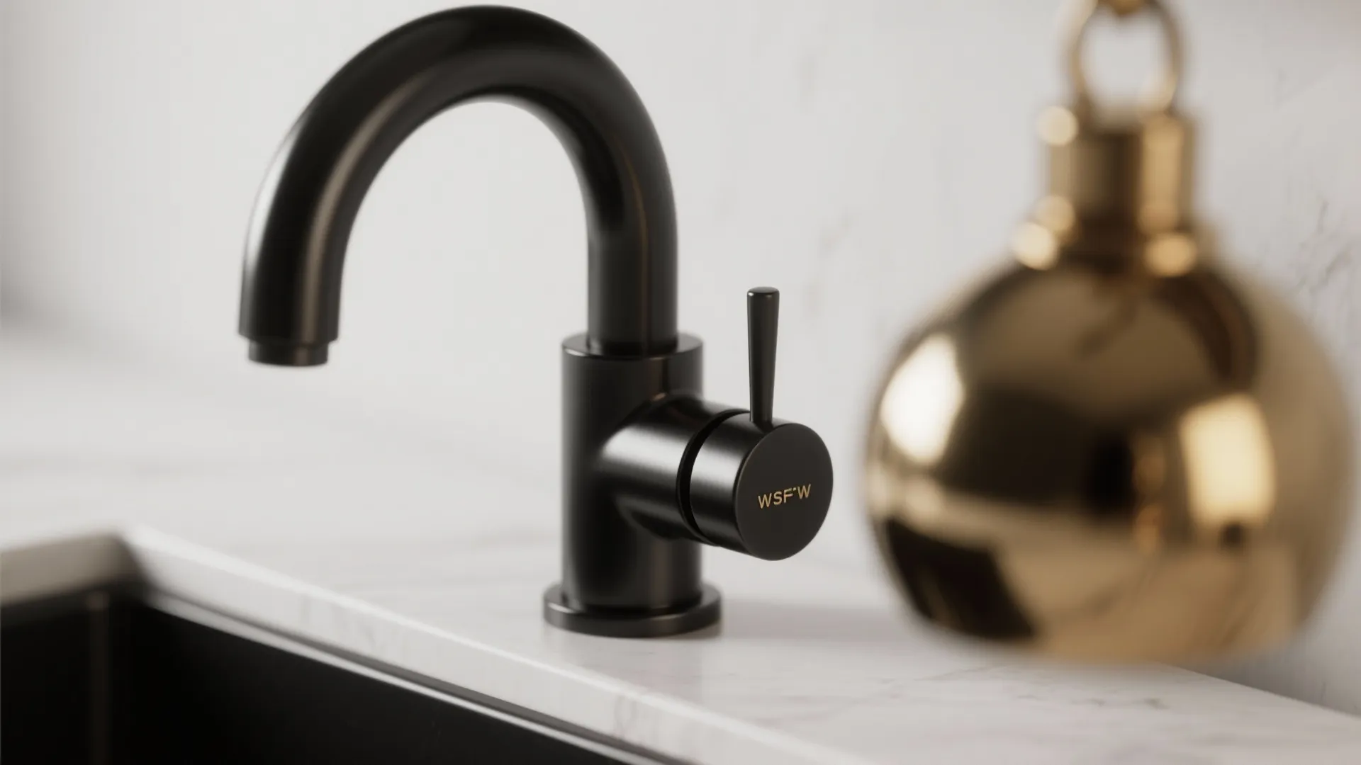 Close up of black kitchen faucet on white marble with a gold decorative ball nearby