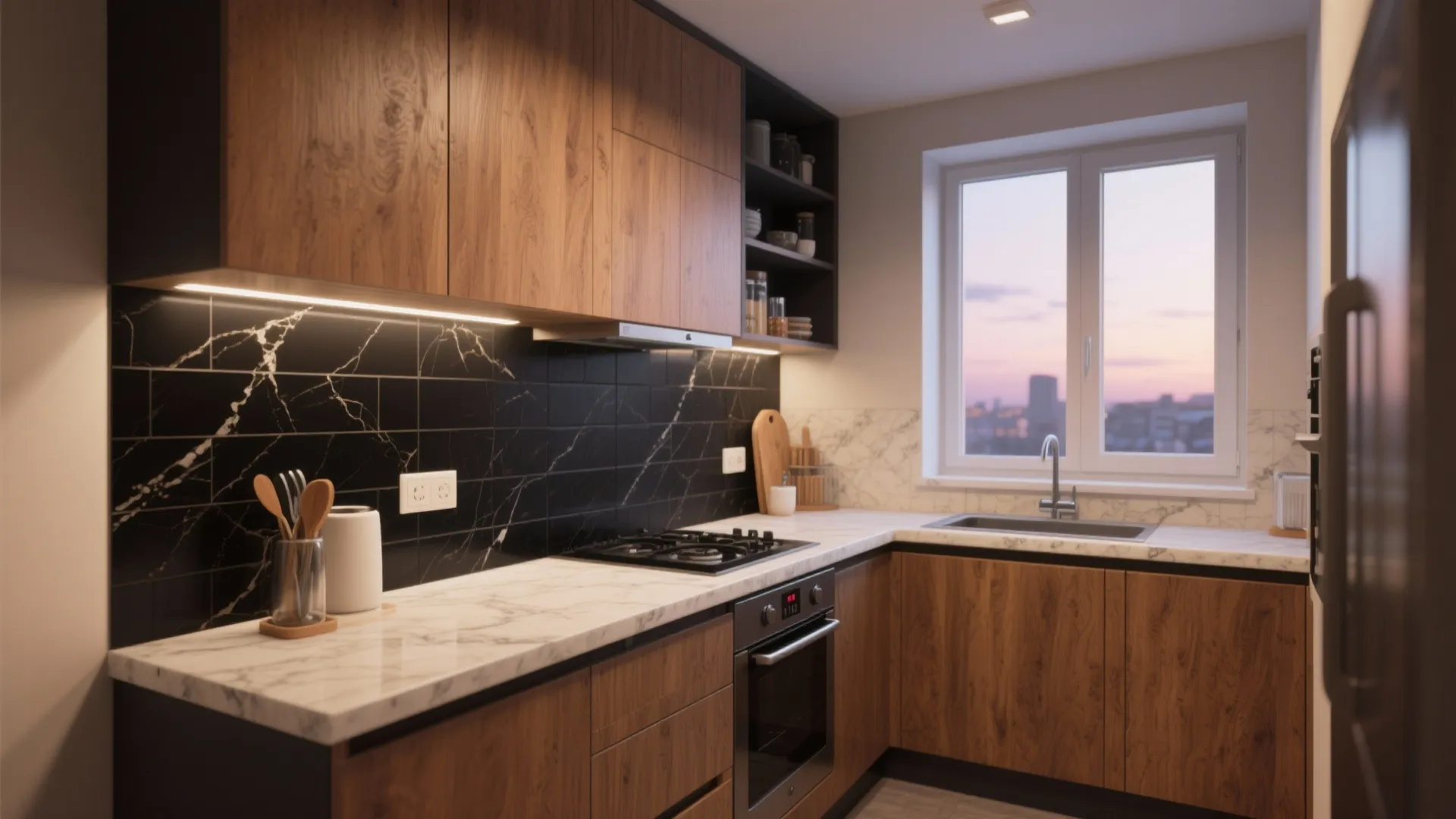 5. Combine black backsplash with light countertops