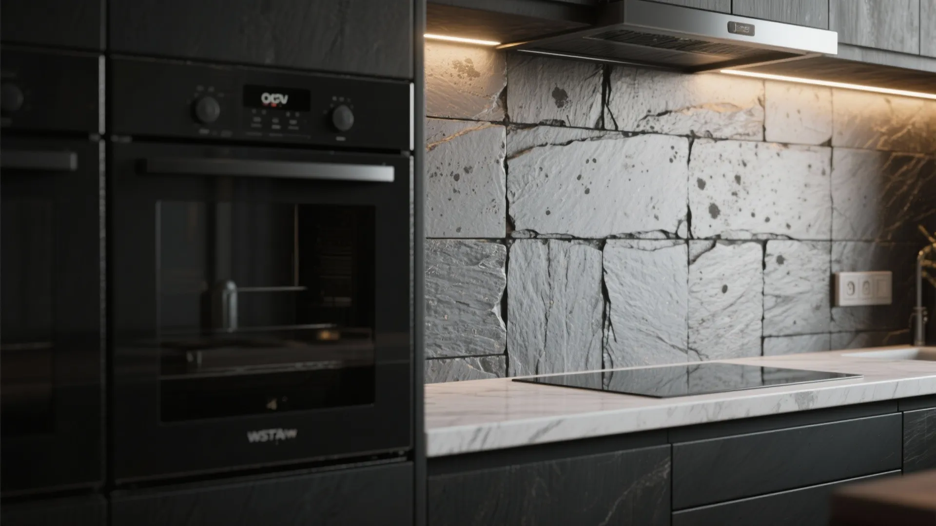 3. Black Appliances with Textured Gray Backsplash