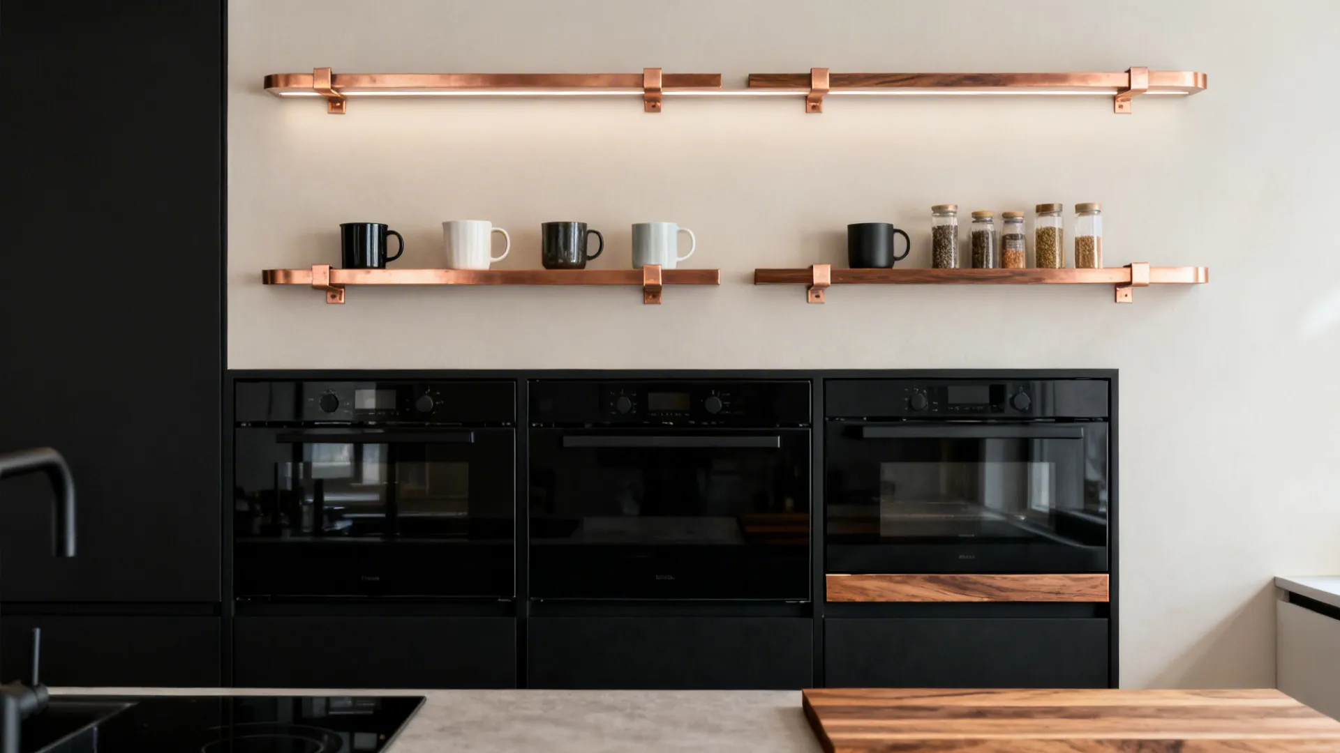 Matte black appliances with slim copper open shelves showcasing curated kitchenware.