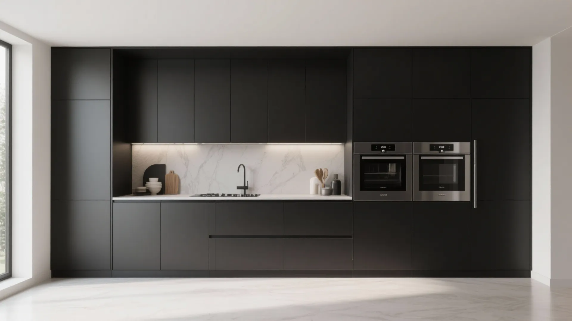4. Black appliances and integrated handles for minimalism