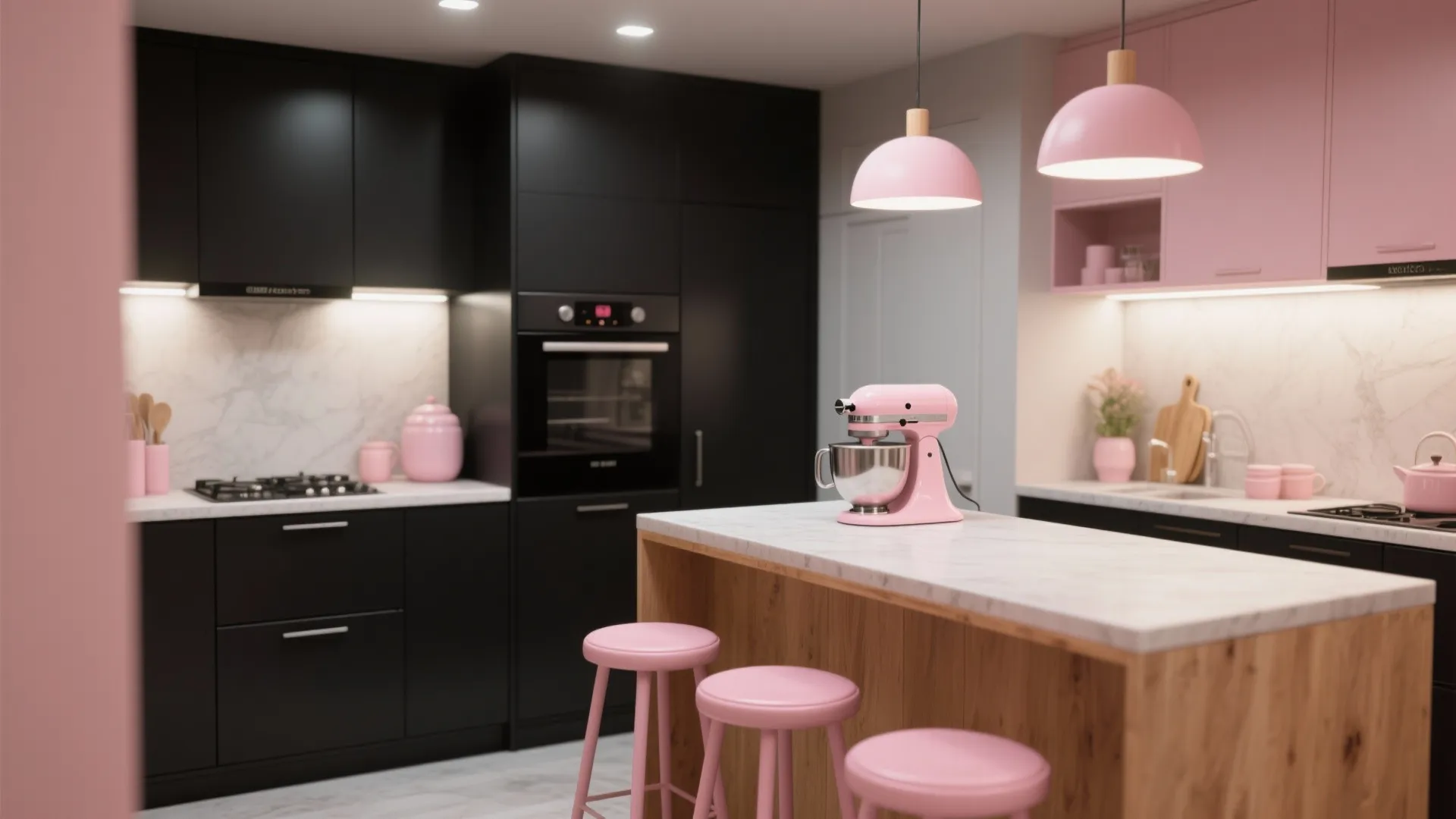 4. Black appliances, pink accents