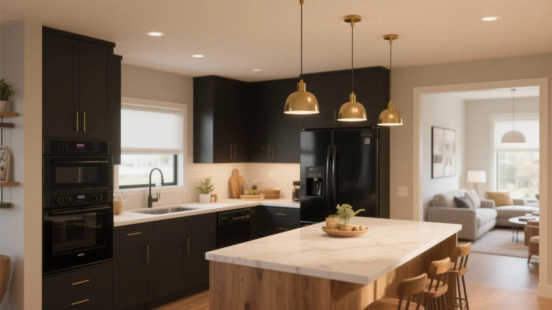 5. Black Appliances with Warm Grey Walls