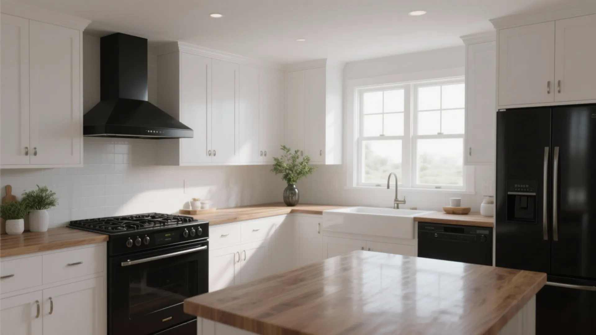 Bright white kitchen featuring black oven and fridge with wooden countertops and a large island