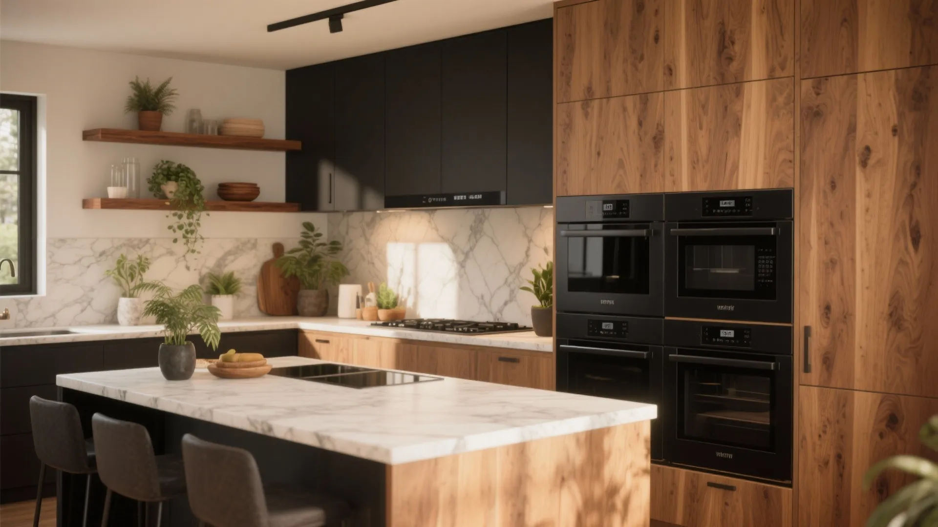 Kitchen with wood cabinets four black ovens marble island with sink plants and white backsplash