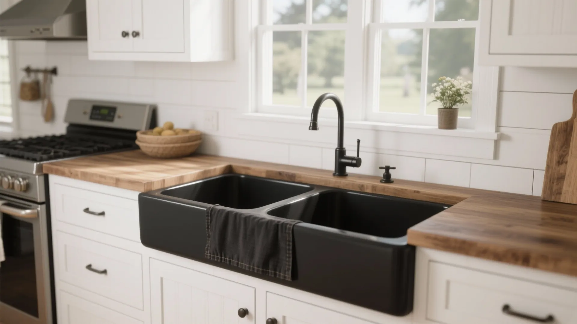 Black apron-front double sink against white shiplap and crisp cabinets in a farmhouse-modern kitchen.