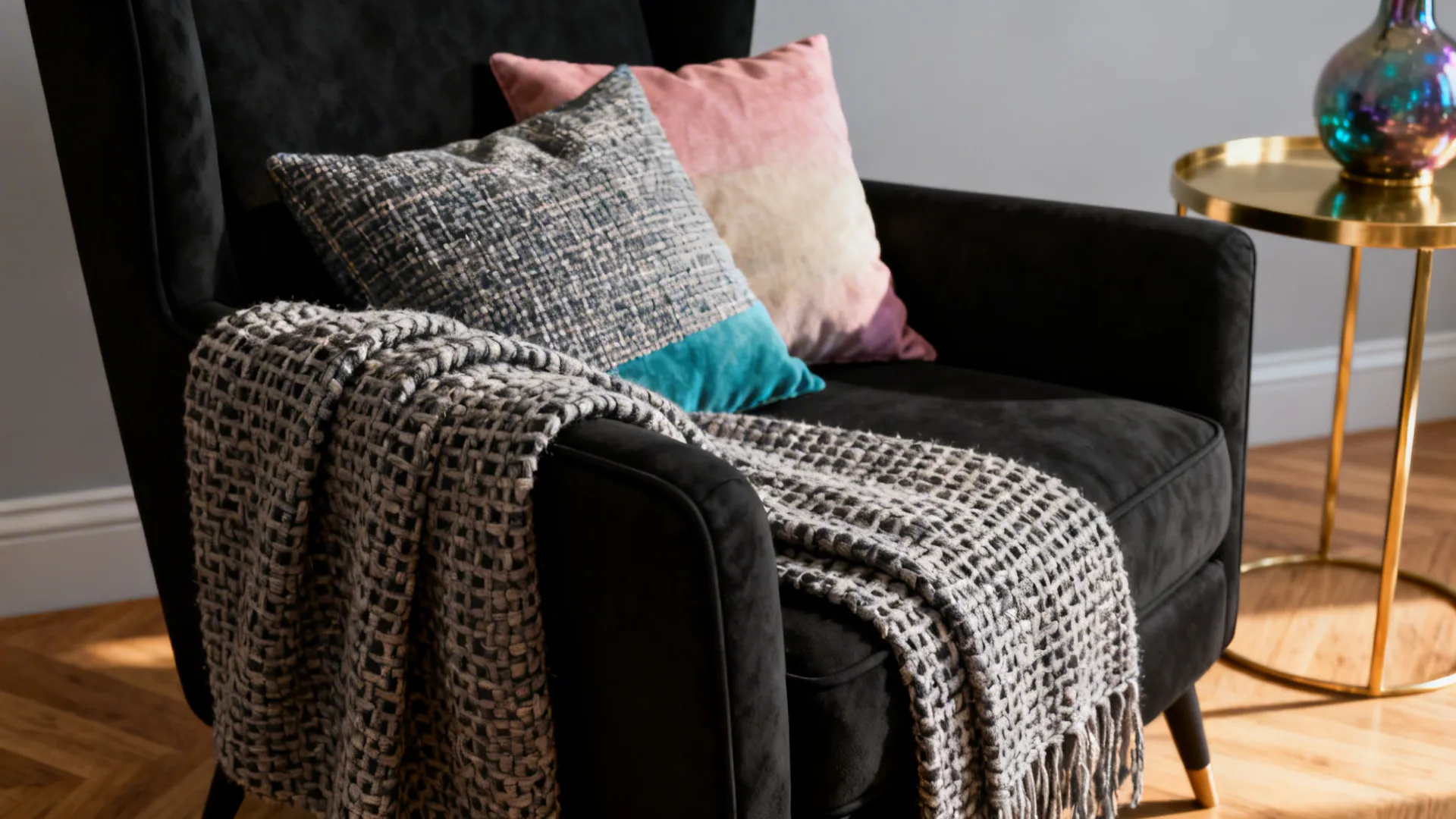 Close-up of black armchair with woven throw and layered cushions against pale gray wall