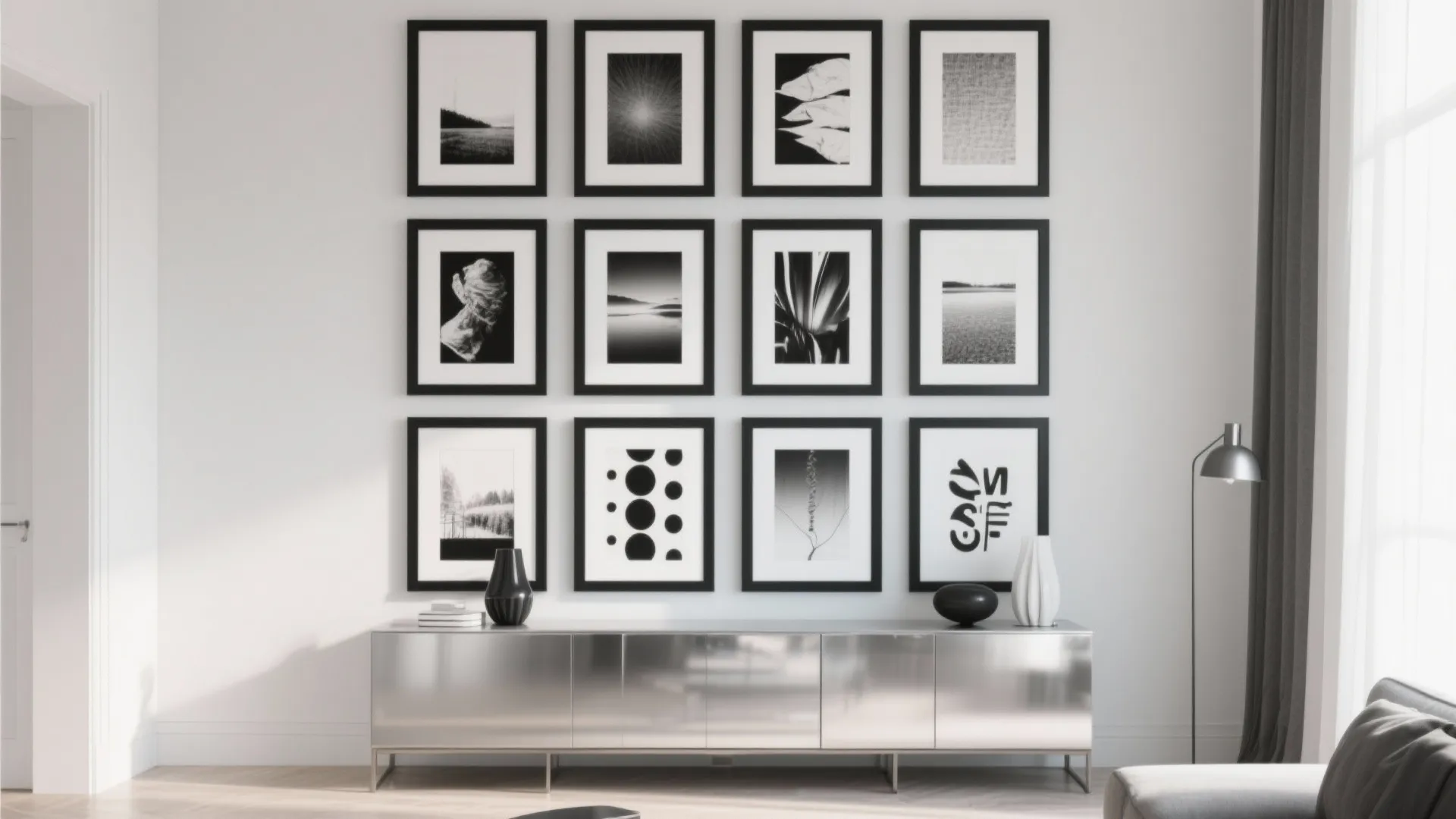 Black-framed art grid over a silver console in a living room