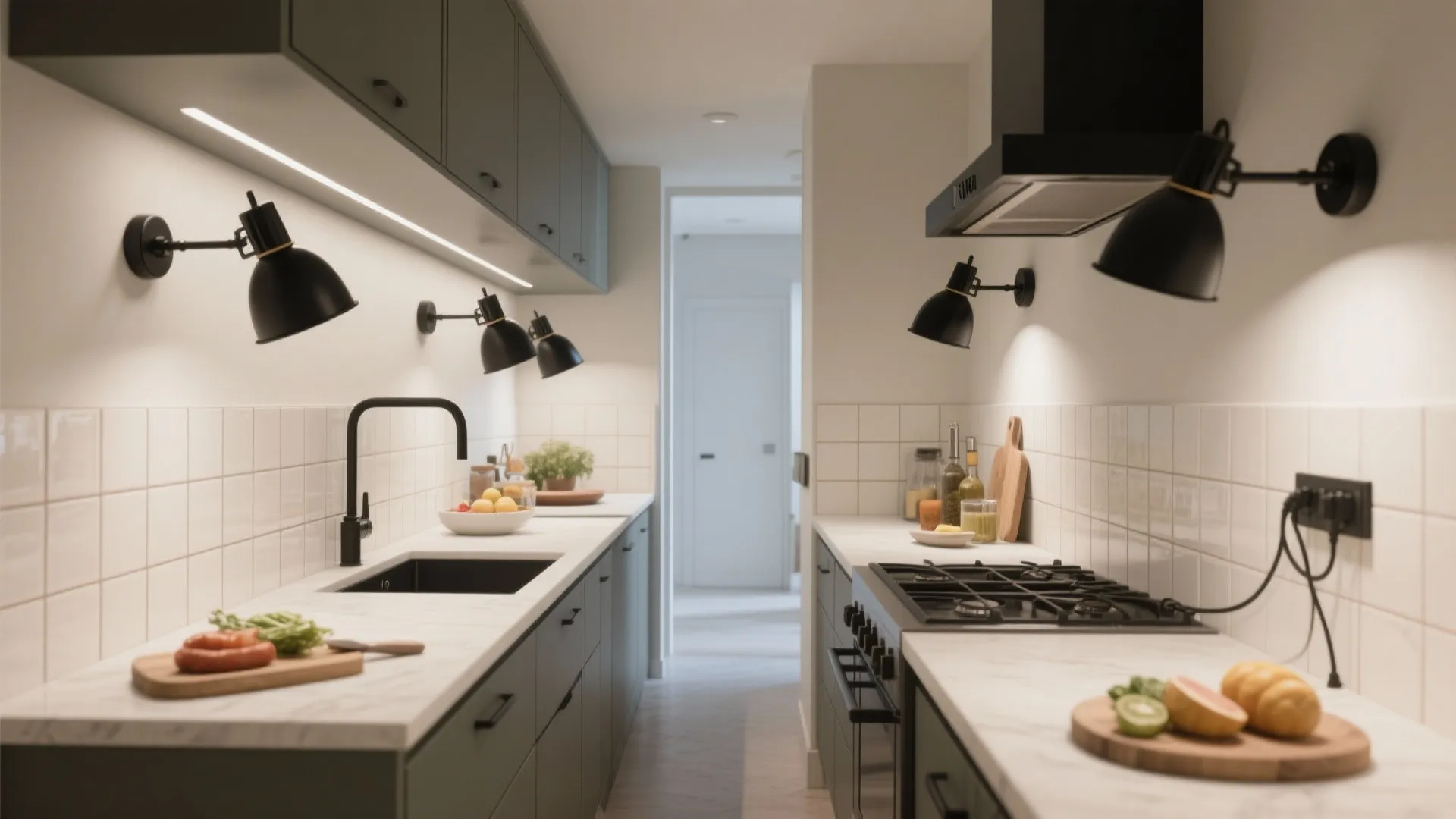 2) Articulated black metal arms for flexible task zones