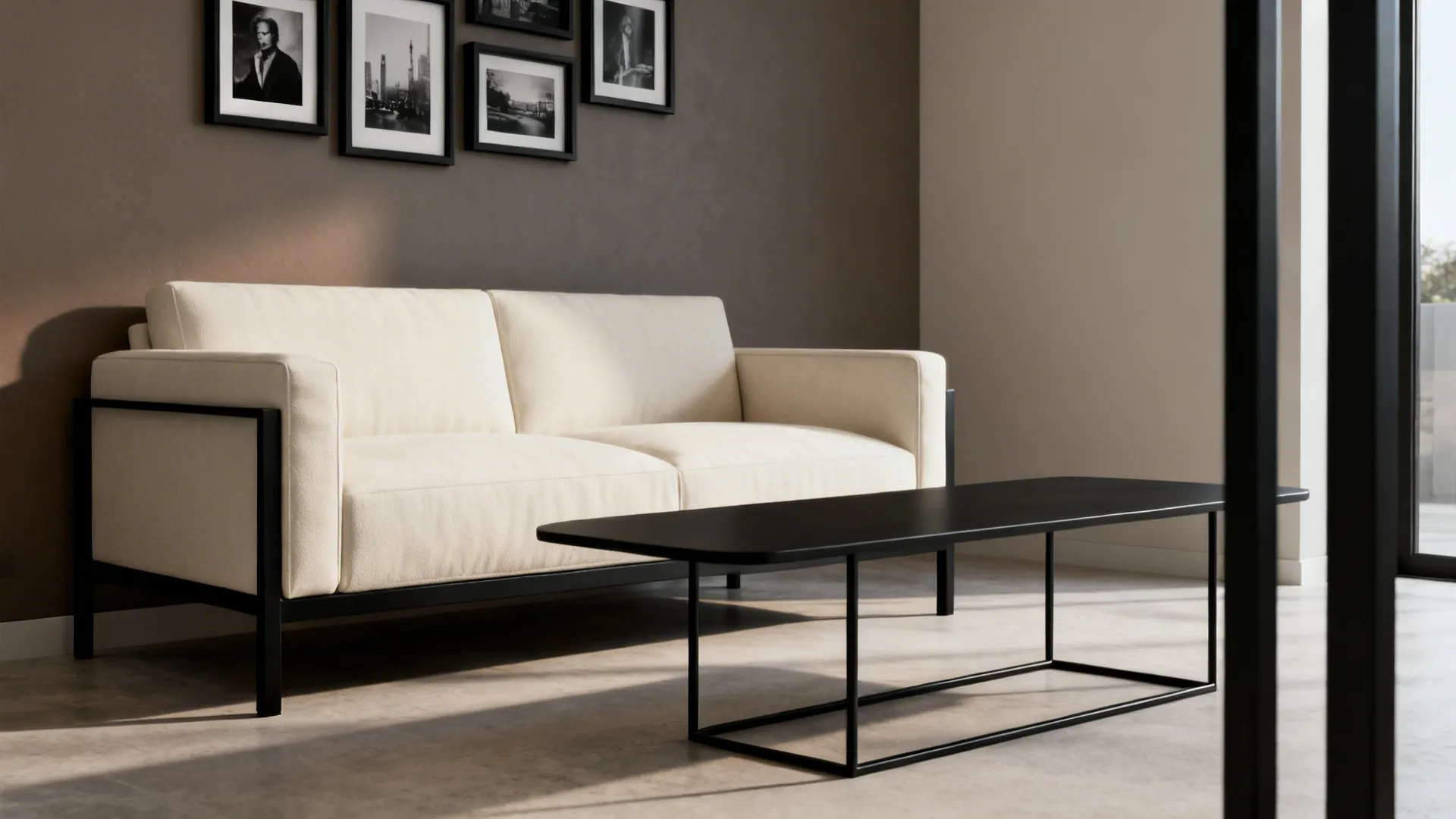 Cream sofa with black metal legs and slim black coffee table against warm grey wall