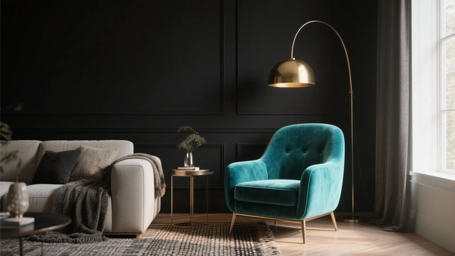 Modern living room featuring black wall paneling, white sofa, teal armchair, gold floor lamp, rug
