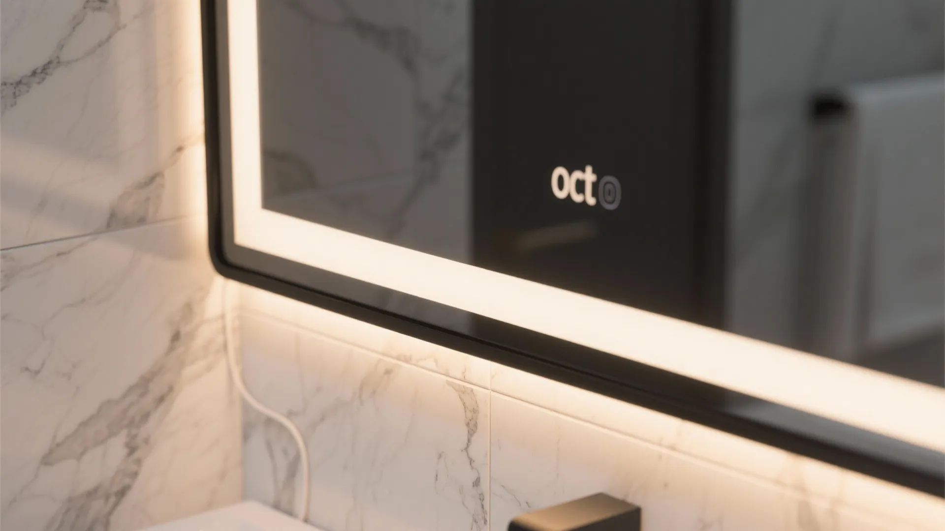 Close up view of a modern black framed wall mirror with warm led back lighting effect