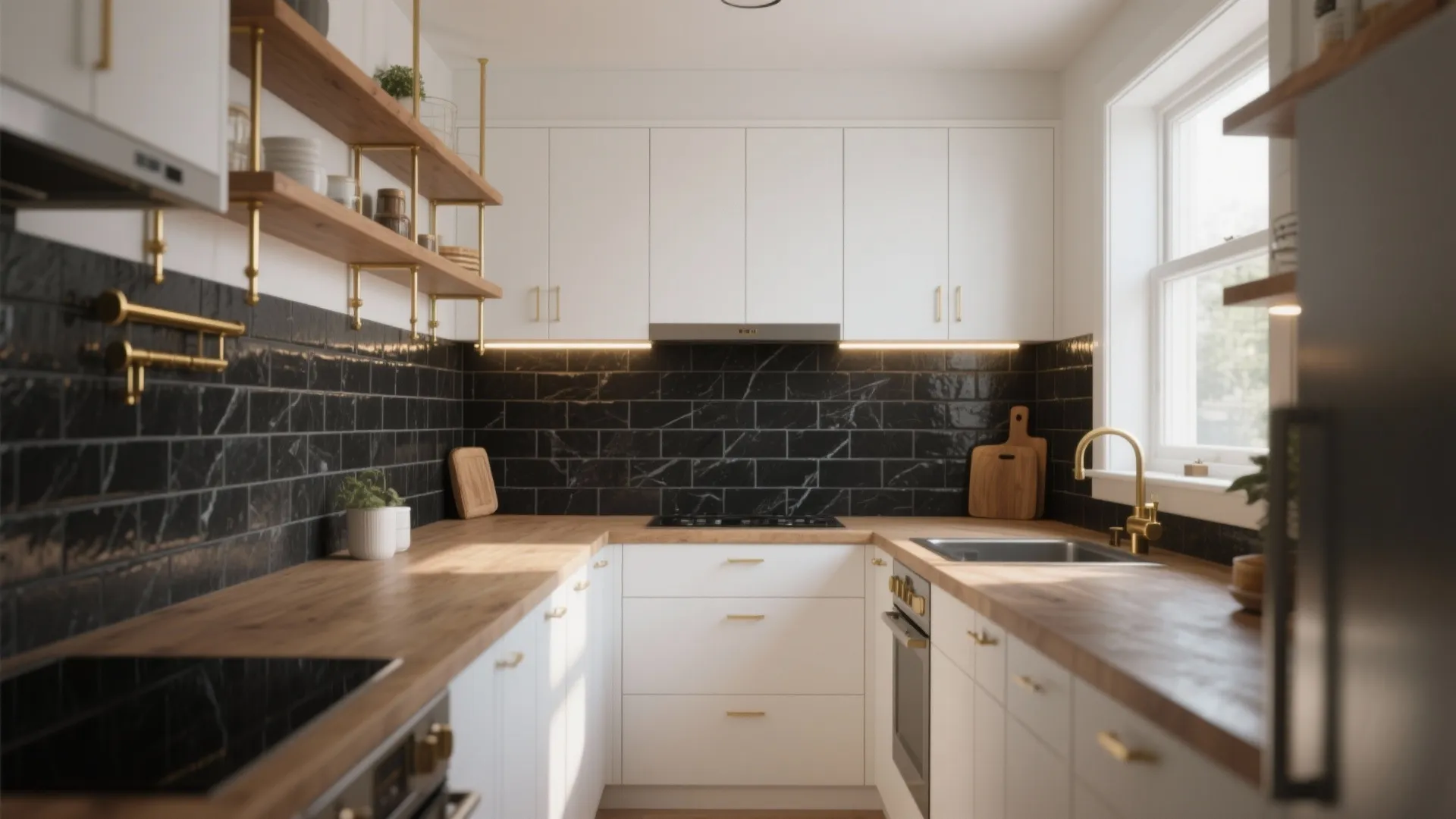 Modern kitchen with black tile backsplash white cabinets wood countertops gold faucet and natural light