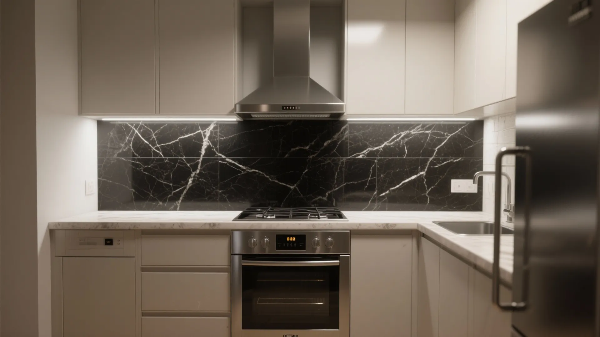 Modern kitchen with black marble wall panel behind stove under silver vent hood and cabinets