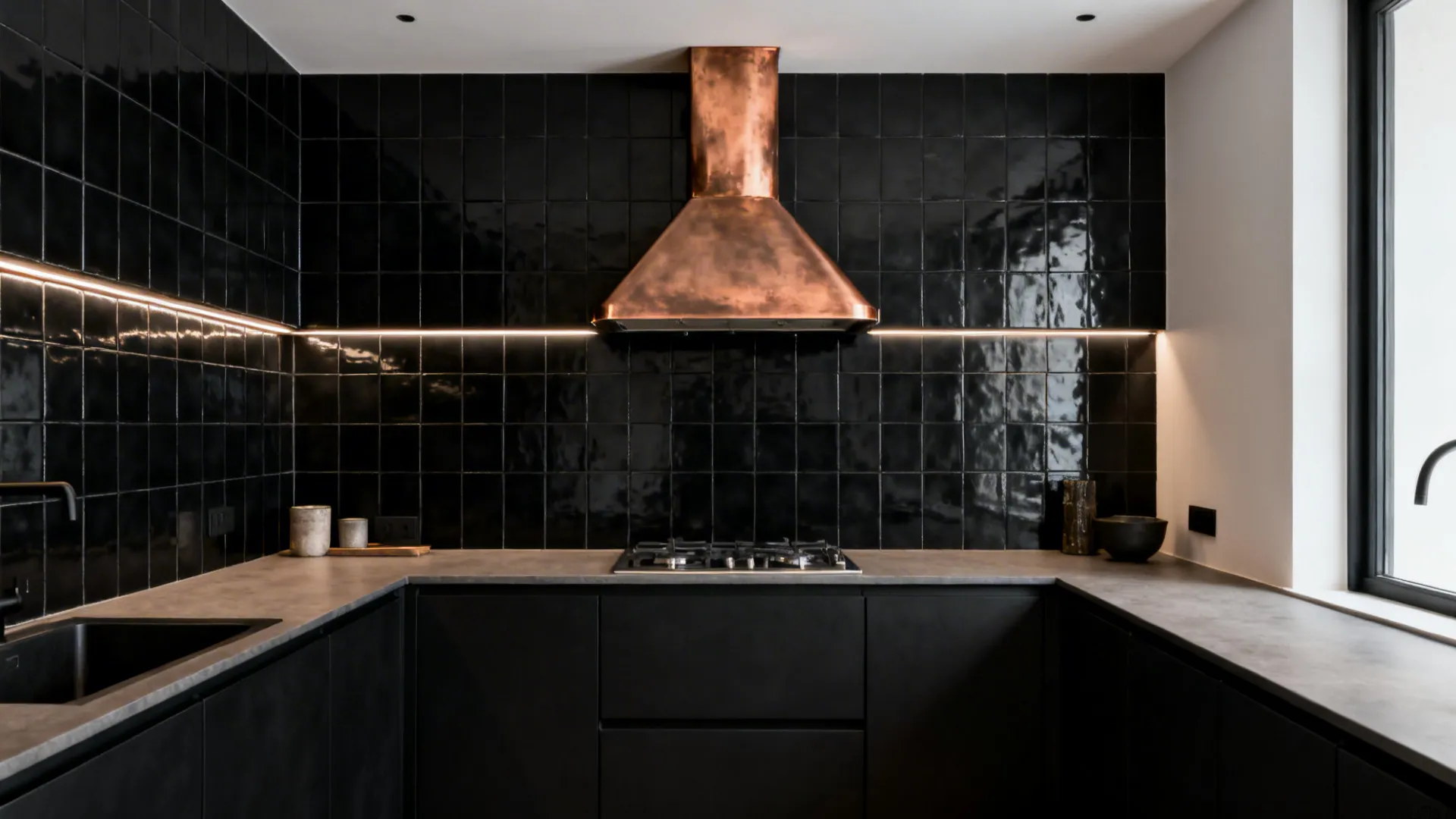 Satin black tile backsplash with a brushed copper range hood as the focal point.