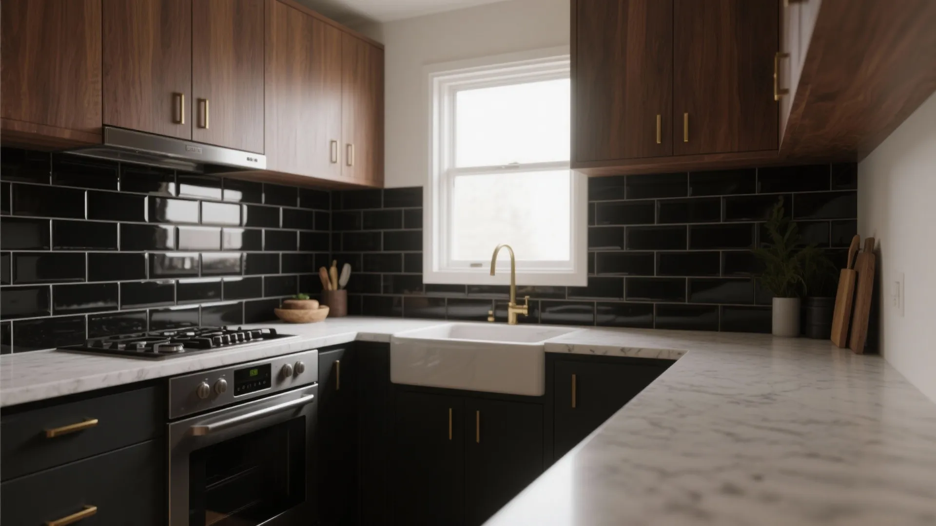 Modern kitchen with wood cabinets black brick wall tiles white marble countertop and gold water tap