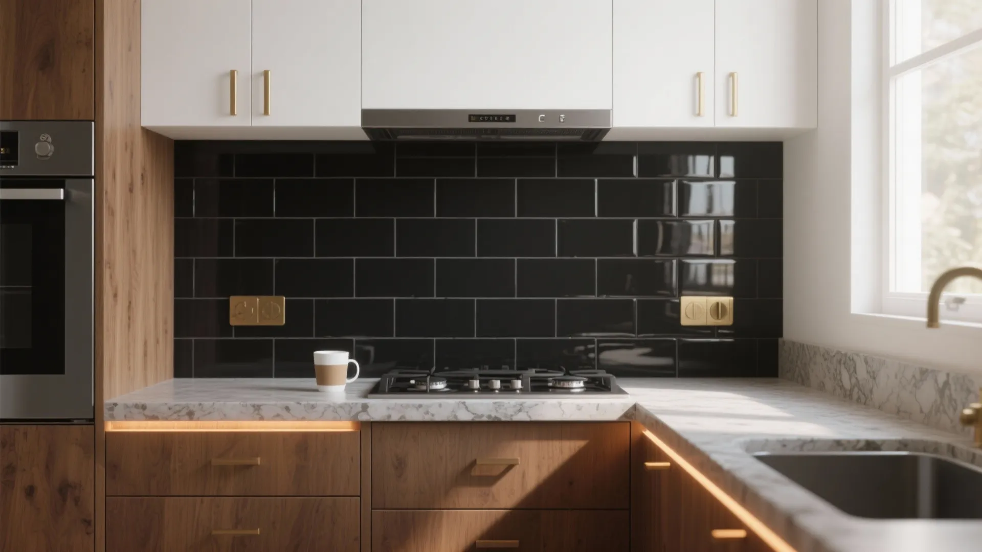 Kitchen with black brick wall tiles white upper cabinets wood drawers and marble counter top
