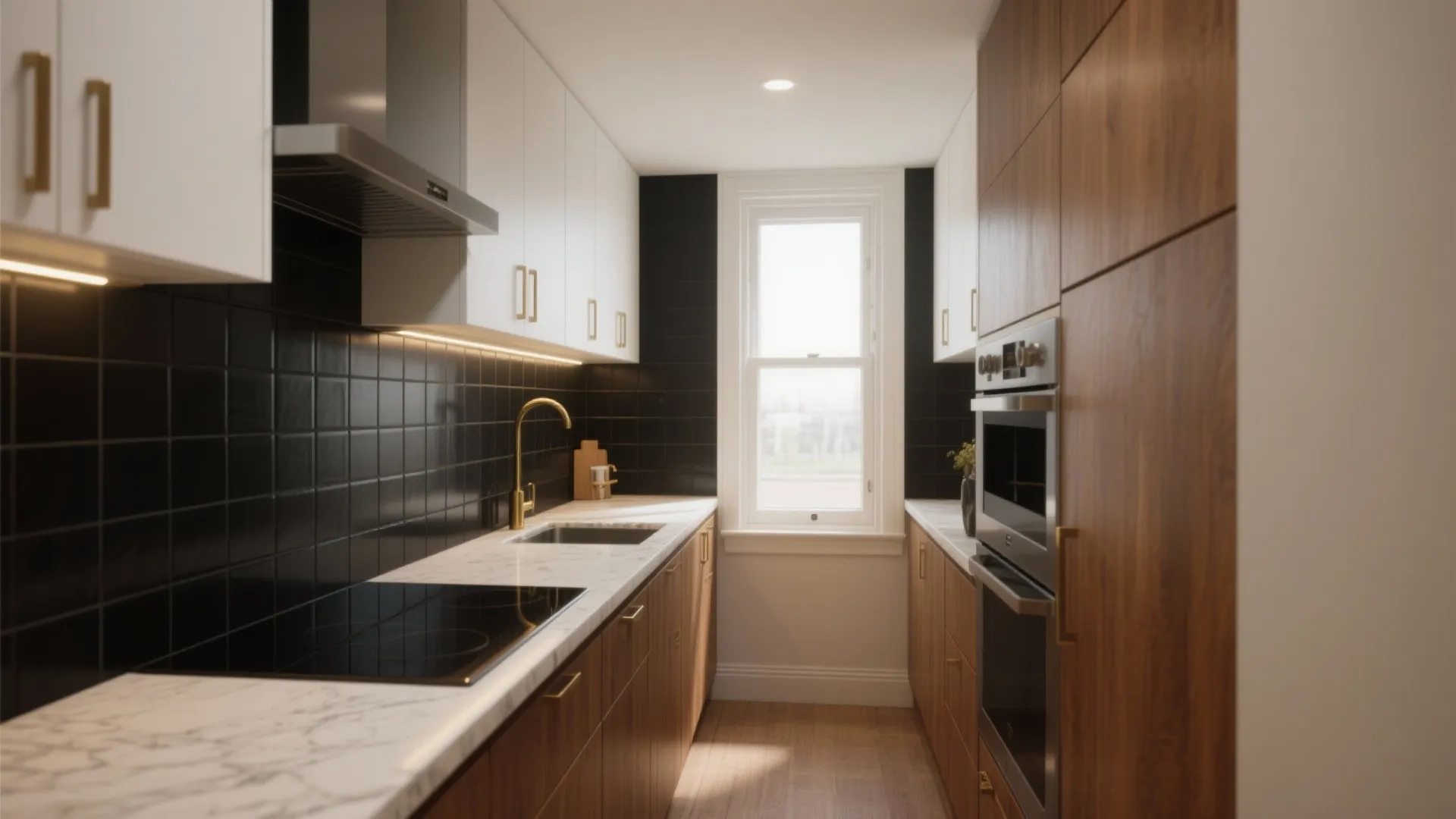 Narrow kitchen with white upper cabinets dark wall tiles wooden lower cabinets and marble countertop