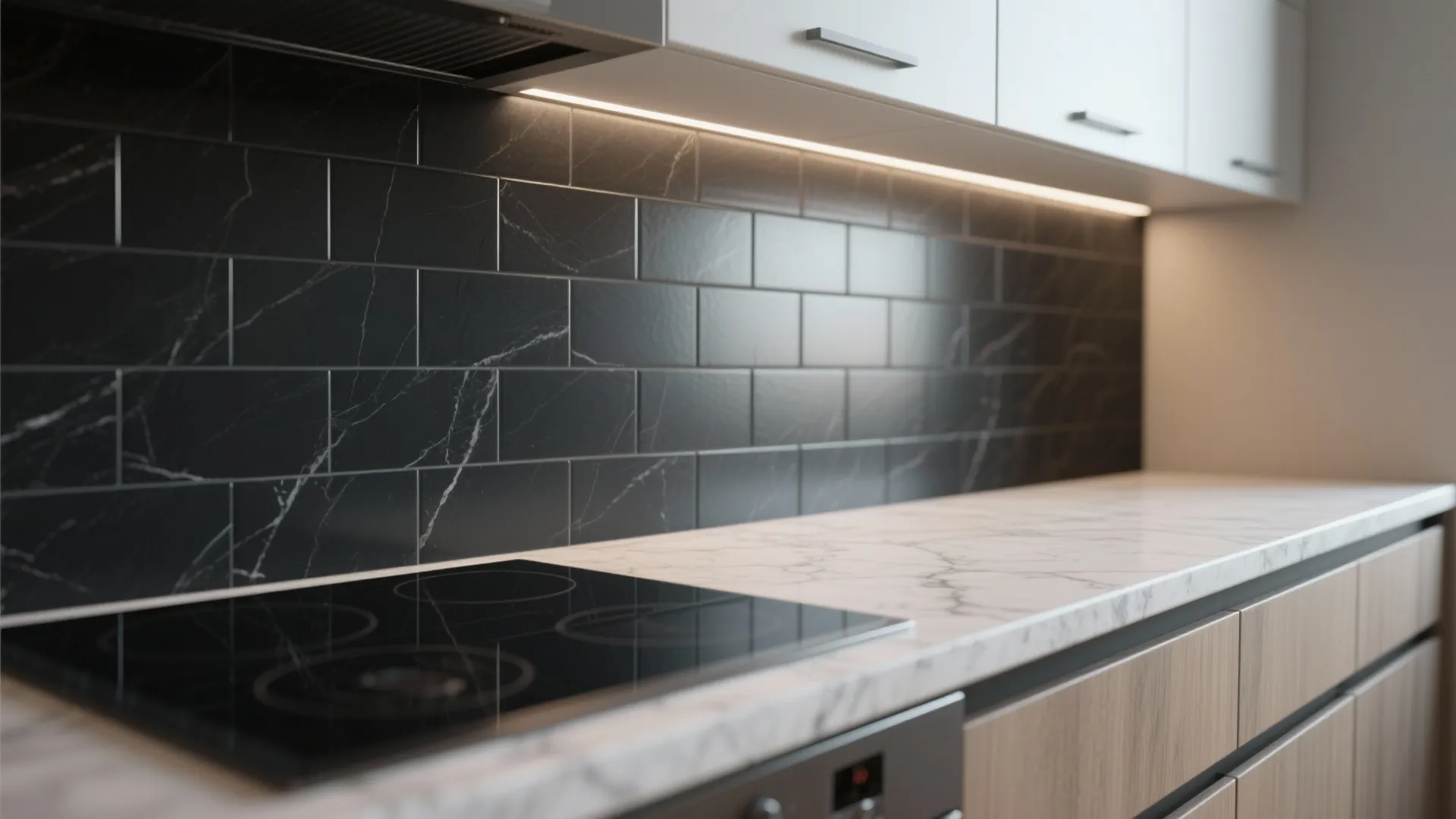 2. Black Backsplash and Light Countertops