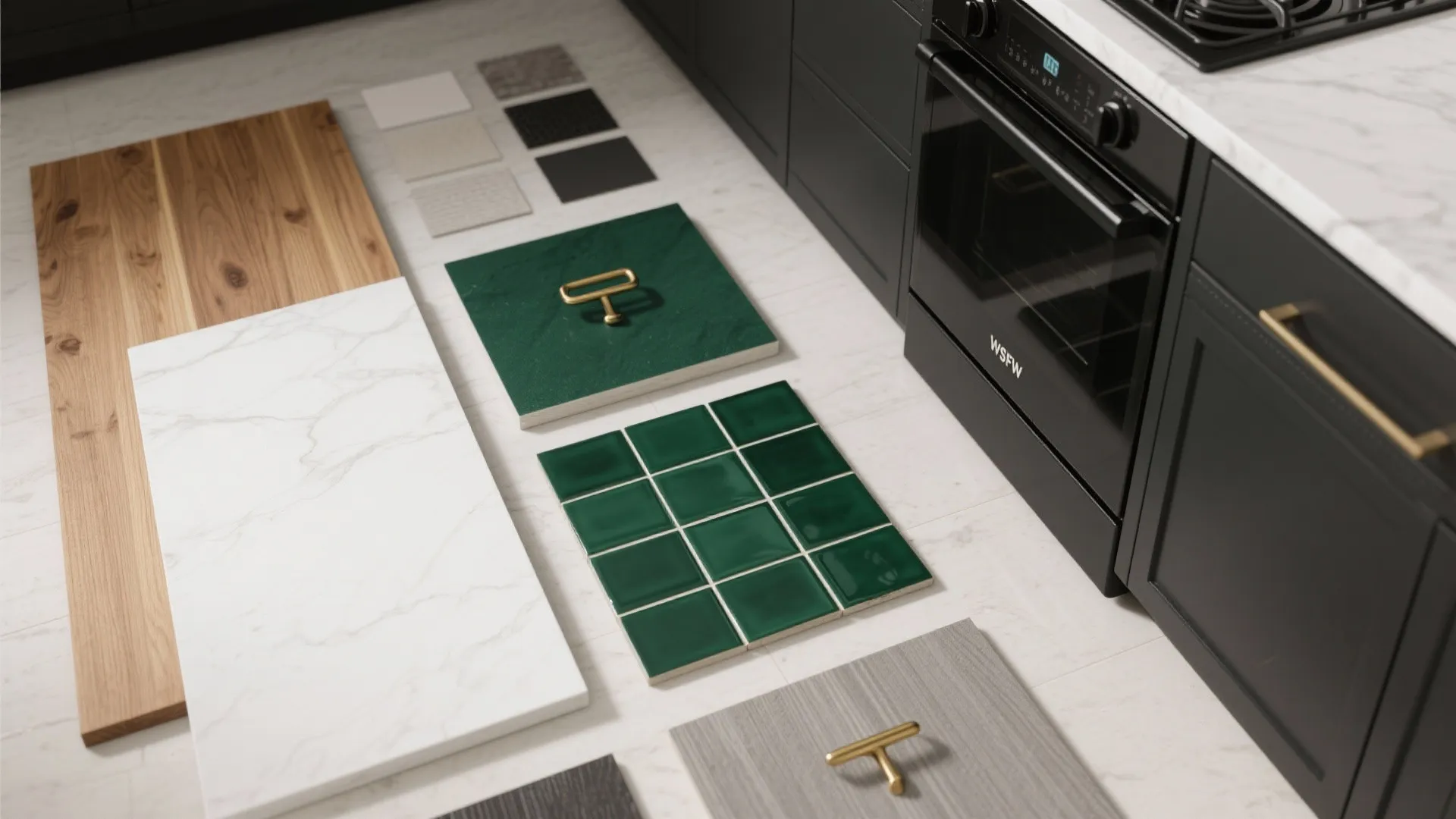 Interior design material board showing green tiles marble wood samples and black kitchen cabinet handles