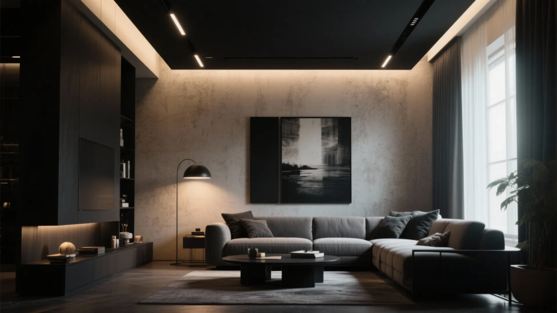 Dark modern living room with grey sofa black coffee table floor lamp and large windows