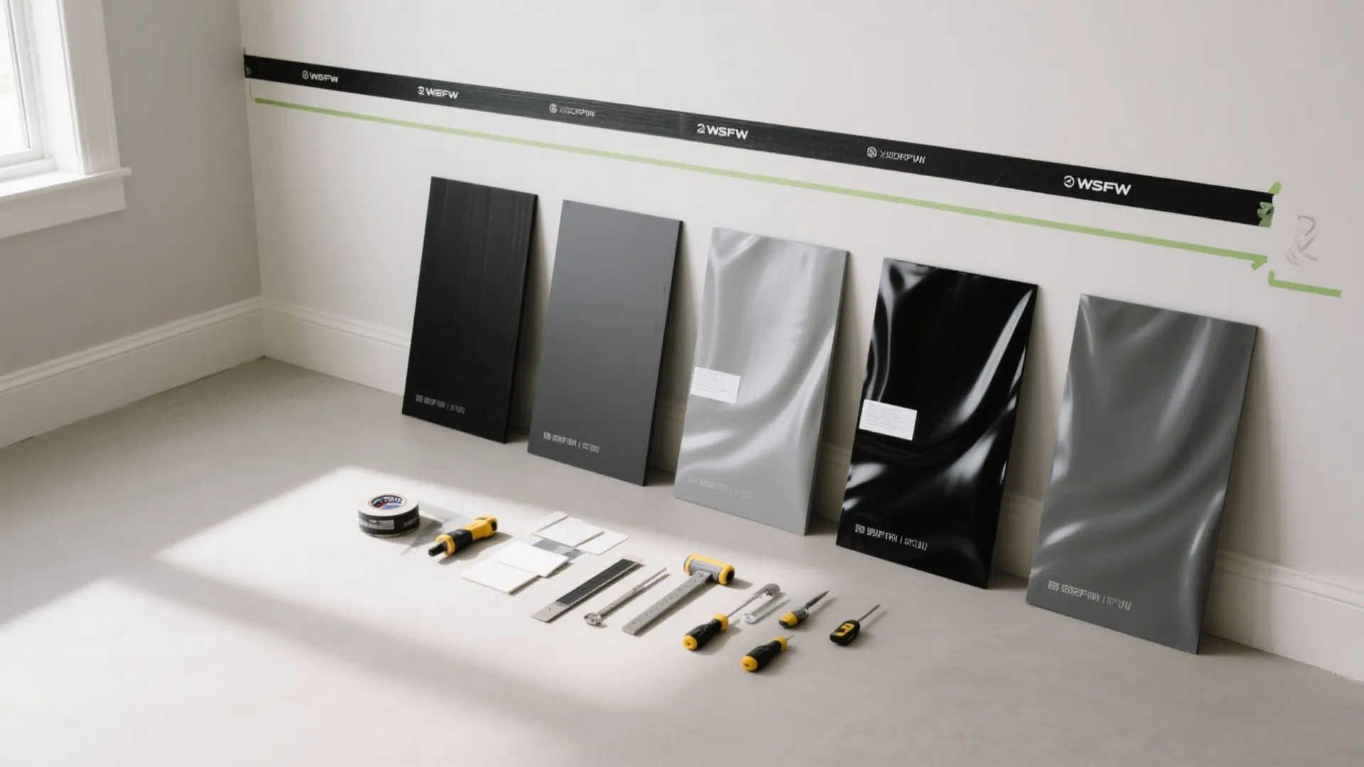 Material sample boards leaning against white wall with tools on the floor for home renovation