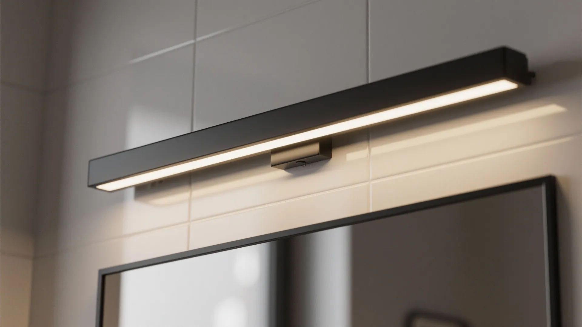Modern black wall light fixture mounted above bathroom mirror with white tiles and warm light