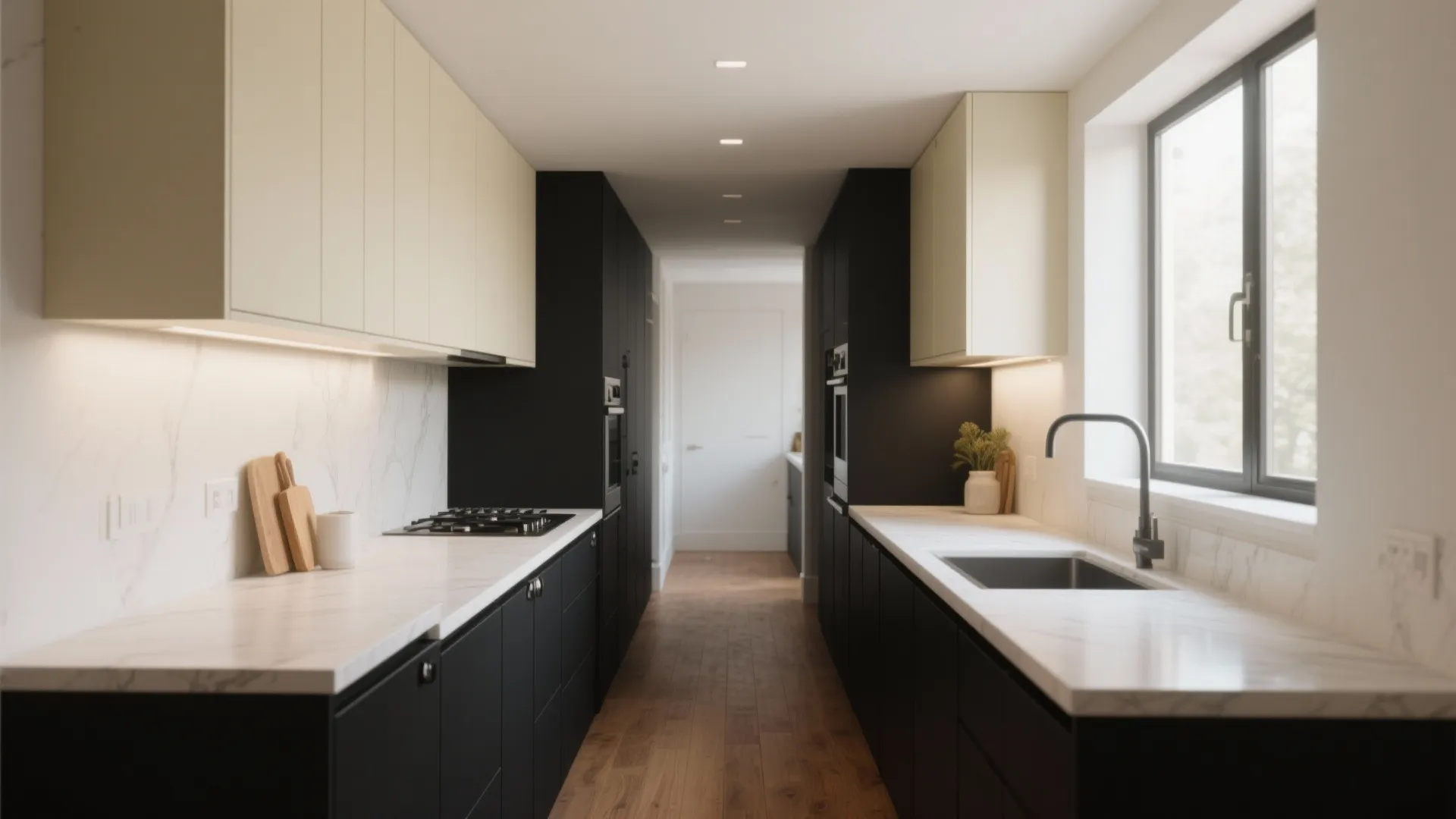 Modern galley kitchen featuring black lower cabinets cream upper cabinets marble countertops and wood floor finish