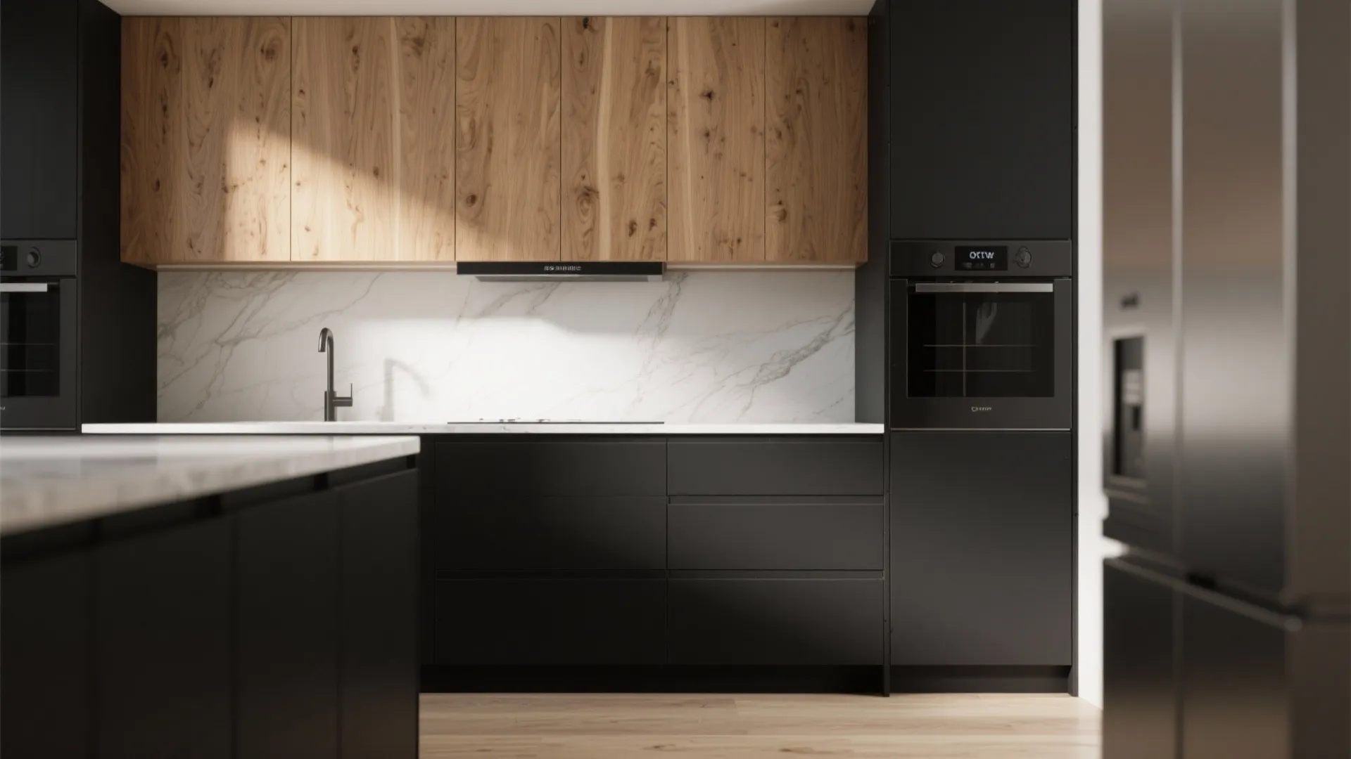 Sleek kitchen design with black base units oak wood upper cabinets marble backsplash and built-in oven
