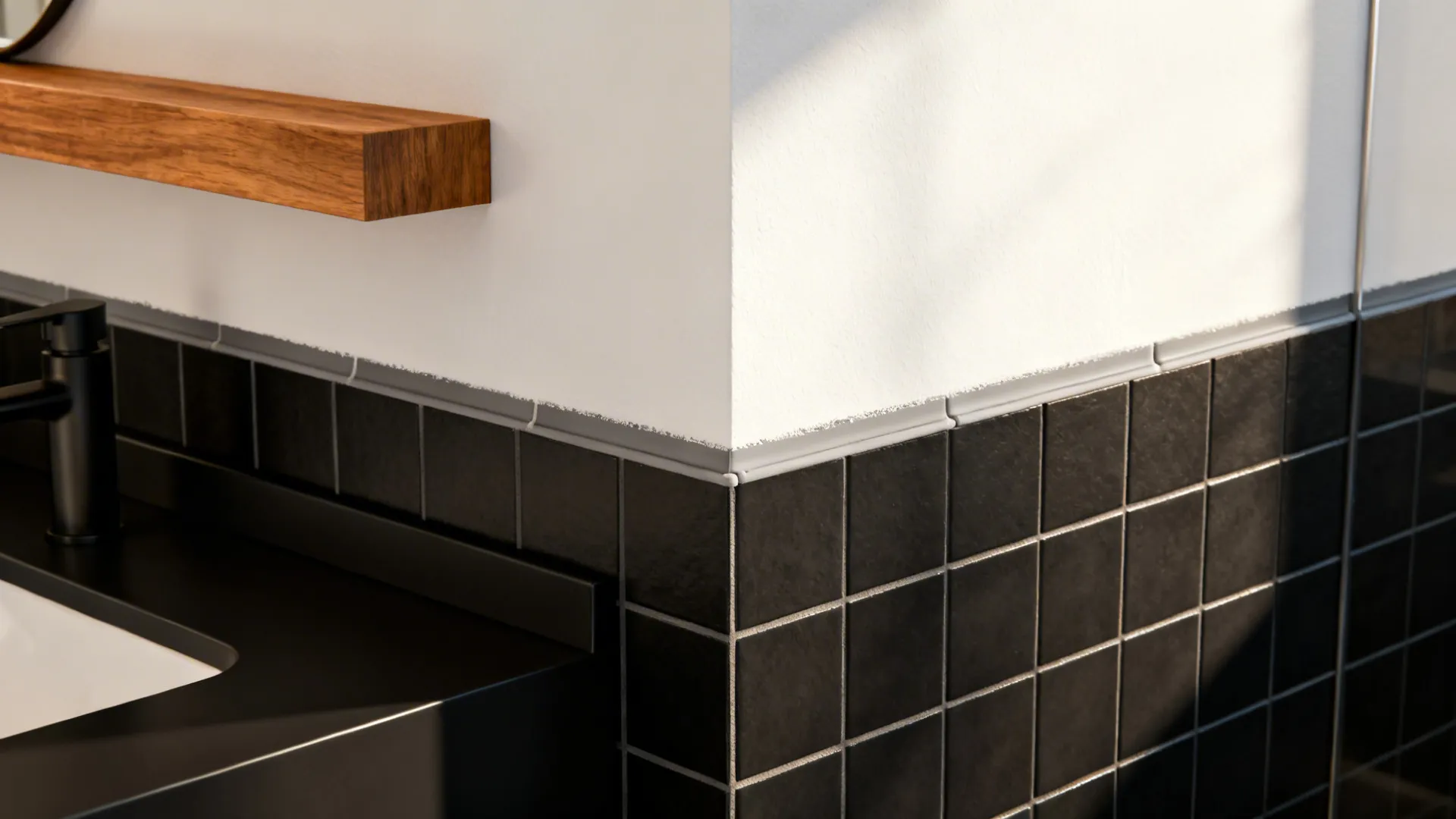 Bathroom with matte black lower wall tiles and white painted upper wall with a waterproof trim.