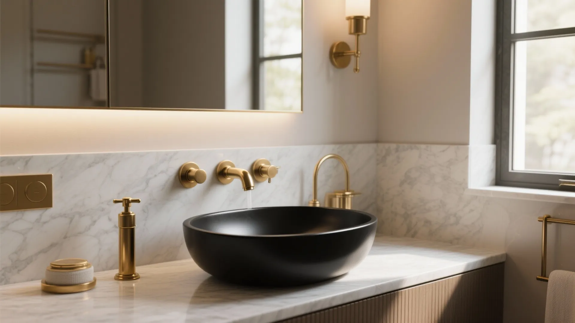 4. Matte Black Basin with Brass Fixtures — Modern Glam