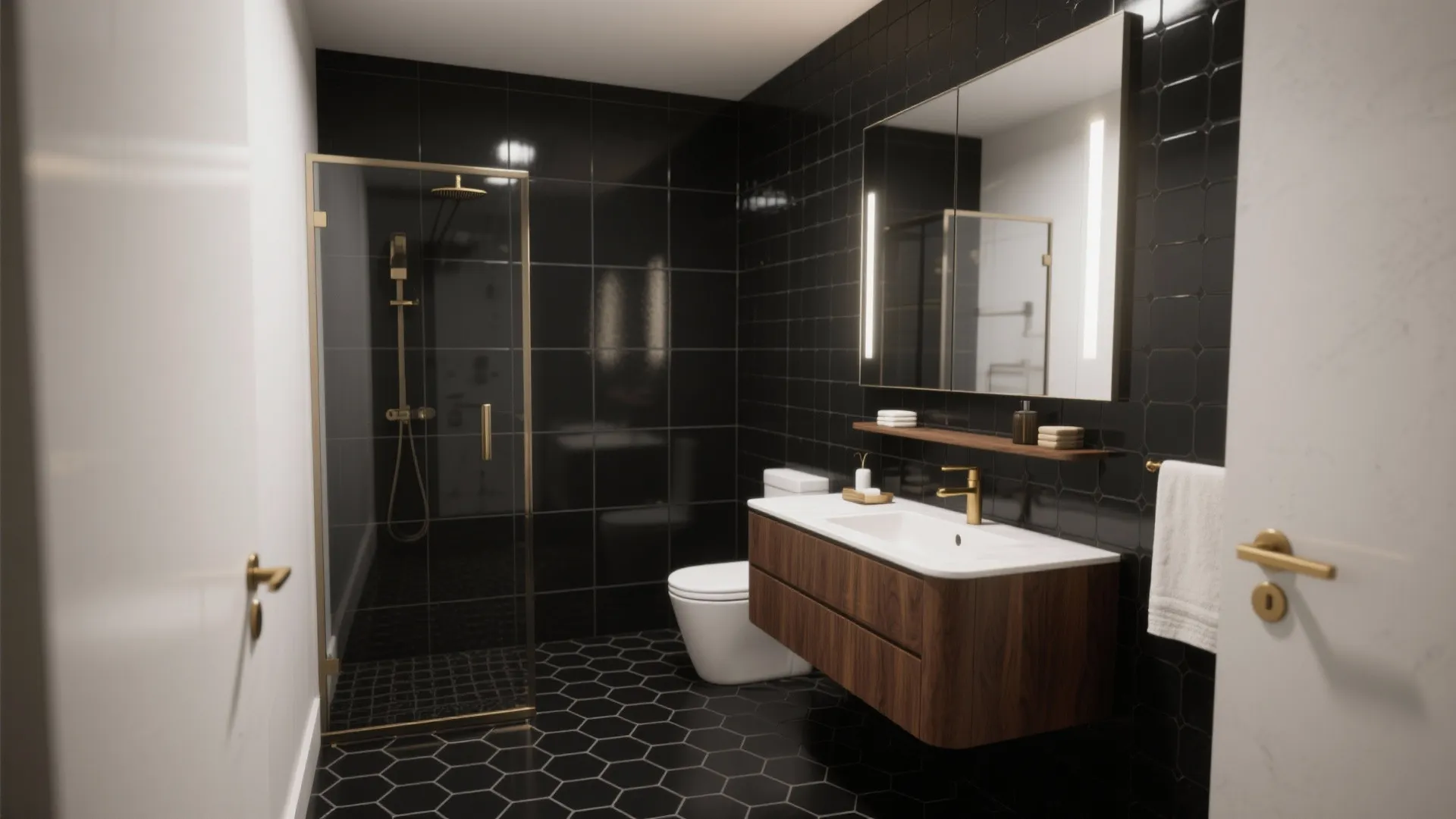 Luxury bathroom design with black hexagon floor tiles wood cabinet glass shower and gold faucet