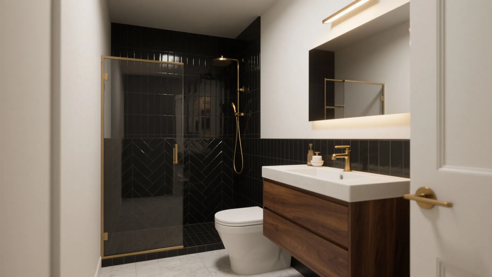 Modern bathroom design with black tiles gold shower head wooden cabinet and white washroom sink