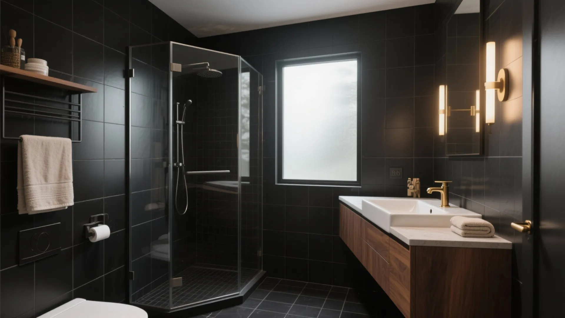 Modern bathroom with black wall tiles glass shower wooden cabinet white sink and gold faucet