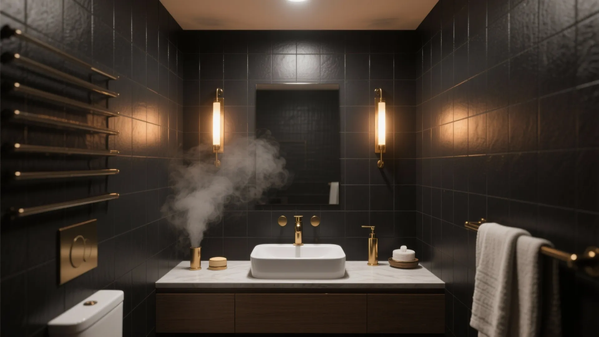 Elegant bathroom with black tiles white sink gold faucet wall lights and steam from a diffuser