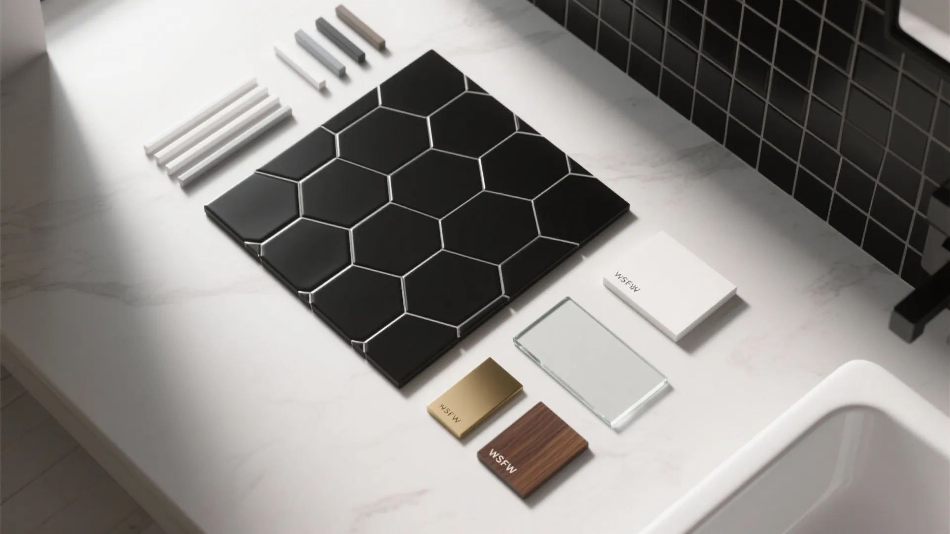Interior design material board with black hexagon tiles wood samples glass and white marble surface