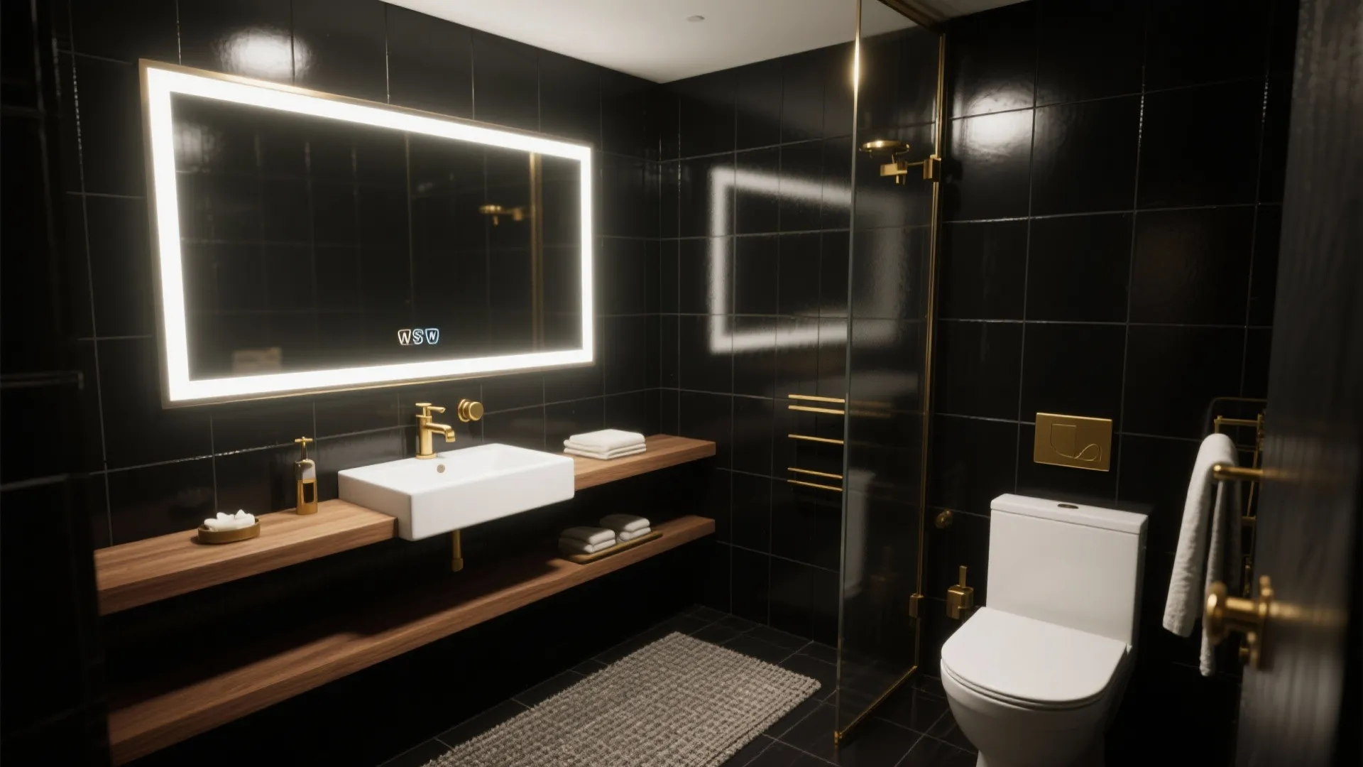 Modern black tile bathroom with white toilet wooden shelves large glowing mirror and gold fixtures